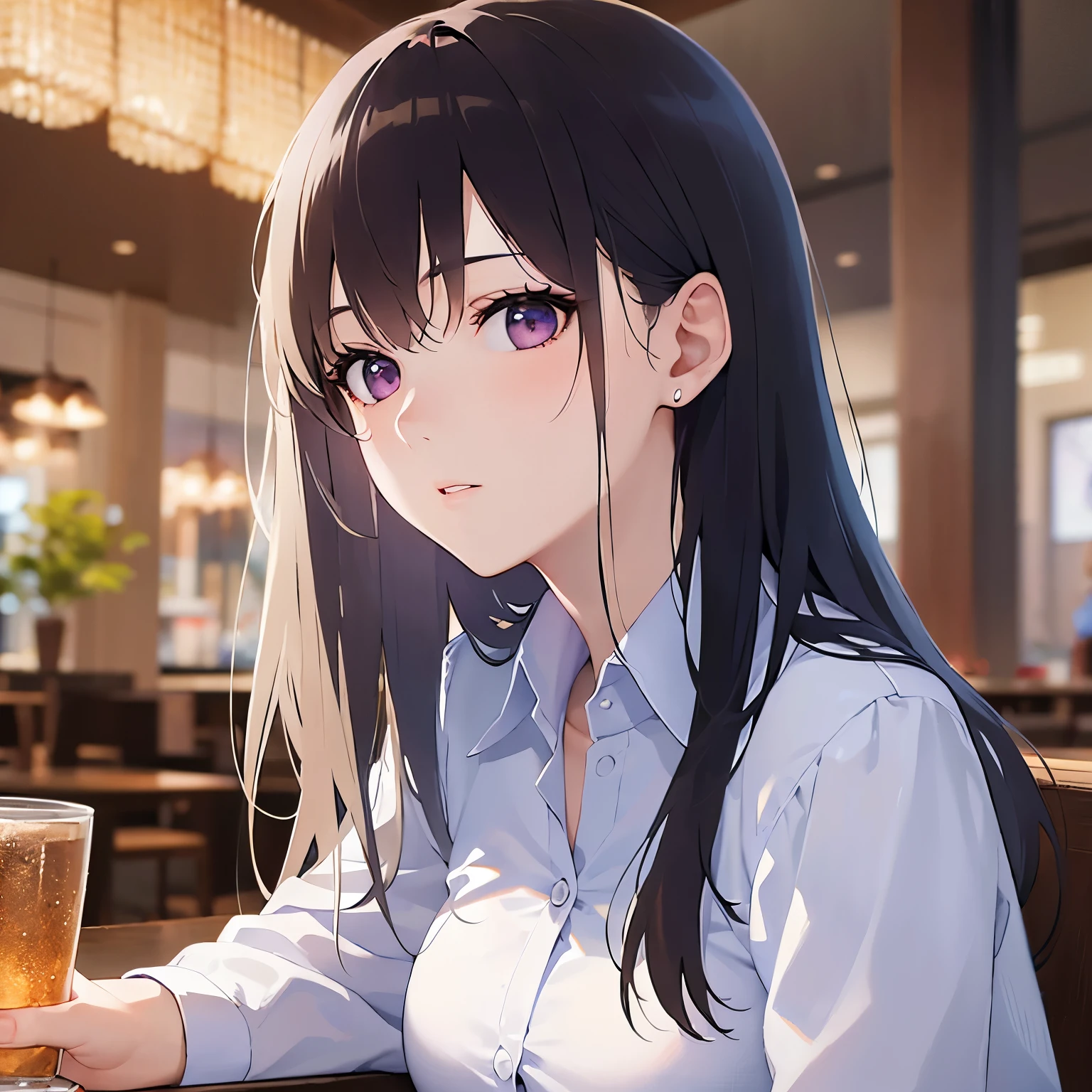 、side angle, Upper Body, Realistic, real person, (pale skin: 1.2), RAW photo, photorealistic, portrait photography, shiny skin, shiny hair、(A 25-year-old woman with straight hair and bangs) and (medium hair) and (black hair) and (purple eyes) , (white collared shirt:1.5) 、Expressionless, The background is the interior of a restaurant at night.、Alone、Sitting