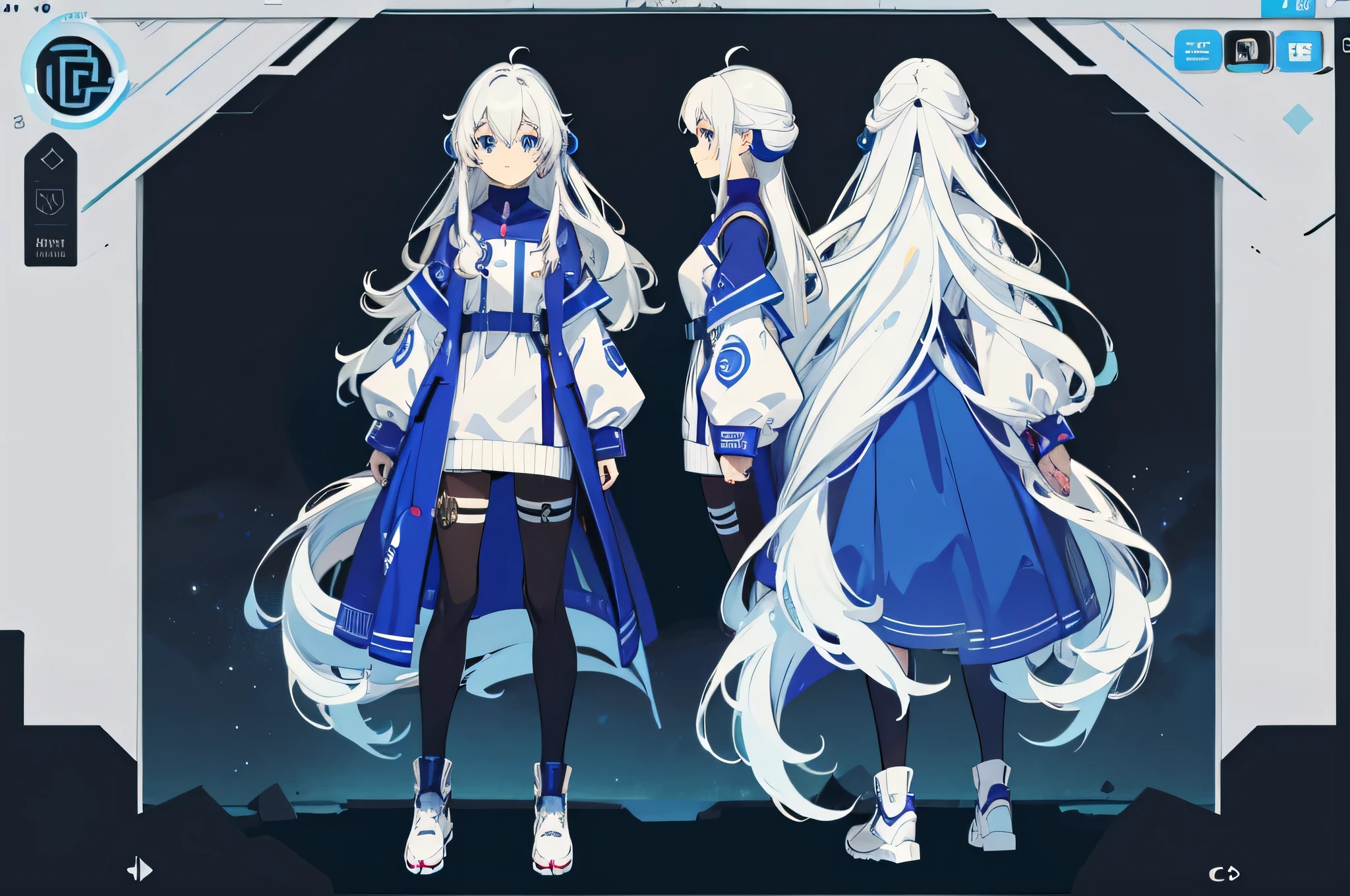 (masterpiece:1.2, best quality), 1woman, cute face, big eyes, round cubby cute face, smile, long legs, full body, adult mature female (long wavy white hair, (white-blue mullet 1.1)), (very long hair), blue eyes, (blue pupil,) gamer, light blue-purple sweater, headphone, girl style ((masterpiece)), (((best quality))), (character design sheet, same character full body, front, side, back), Illustration, hair color, bangs, hair fax, eyes, environment change, pose kota, female, game design character sheet for 2d game, full body, model sheet turnaround, full color, two thirds wiew, front::4 view and back view, high resolution, 8k, 4k, high quality