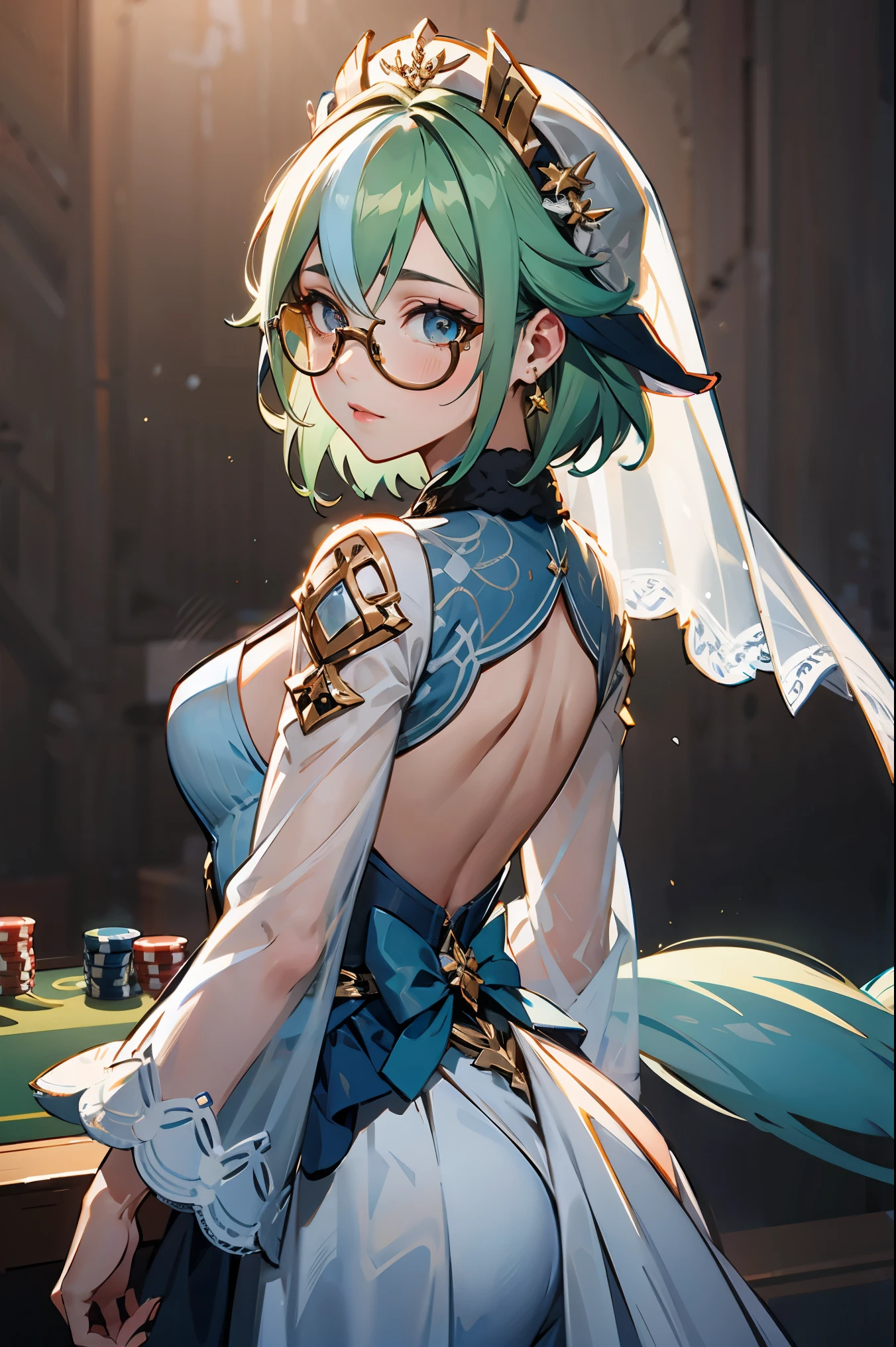 1girl,sucrosedef,green hair, glasses,
BREAK (Sheer white wedding dress,Veil ,Lace Sleeves,Big Long Tail:1.2)
BREAK casino, 
BREAK from back view、Look back with a sideways glance,
BREAK (masterpiece:1.2), best quality, high resolution, unity 8k wallpaper, (illustration:0.8), (beautiful detailed eyes:1.6), extremely detailed face, perfect lighting, extremely detailed CG, (perfect hands, perfect anatomy),