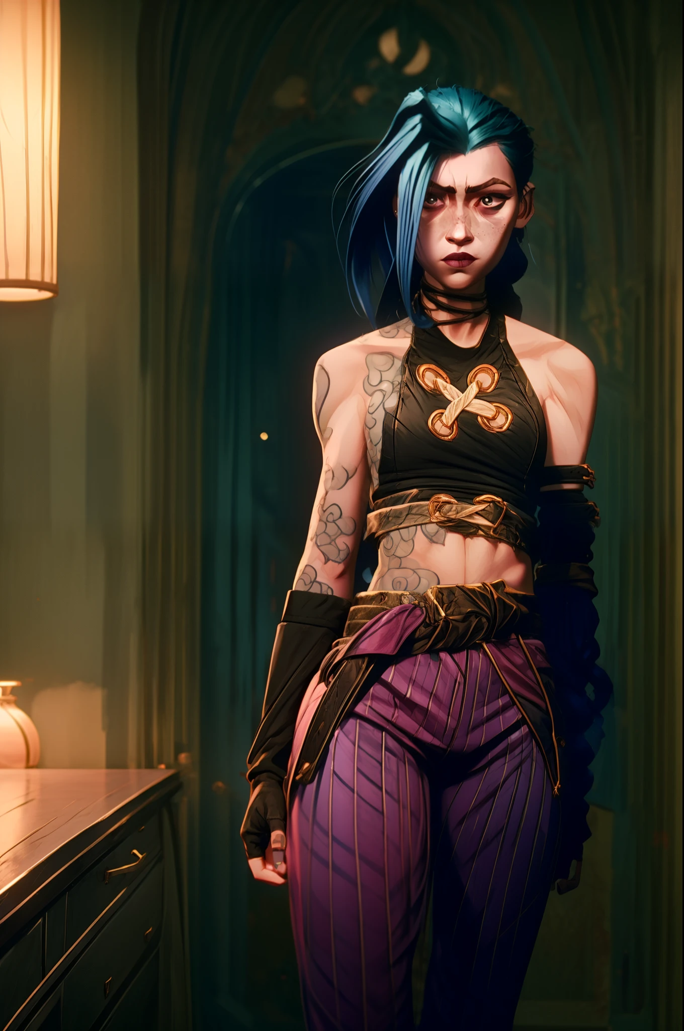 (masterpiece, best quality),  intricate details,1girl, ChopioArcaneJinx, long hair, blue hair, shiny hair, freckles, braid, twin braids, tattoo, asymmetrical bangs, arm tattoo, shoulder tattoo, lipstick, mascara, pale skin, (looking at viewer:1.2),outfit_default, bare shoulders, crop top, striped, belt, striped pants, pink pants, brown belt, belt, striped sleeves, detached sleeves, fingerless gloves, gloves, midriff, navel, black footwear, boots,