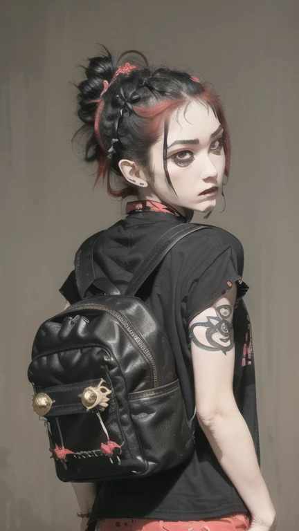 ((18-year-old punk girl,Unusual punk hair:1.3)),((Red and black punk fashion:1.5)),(Skeleton Brooch)Studded clothing、((punk rock patch))、((Black backpack on the back))、（Light black and blue hair:1.5）,Wacky makeup、whole body, (masterpiece), (High resolution), (Very delicate), scribble, nightmare, Doll-like face, Manga Style, rough sketch, Horror elements, Manga Styleイラスト, Japanese painting, phantom, (spooky), Japan sculpture, crazy illustration, antique, Dark atmosphere, Flat Illustration,spookyな外観, Distinctive messy hairstyle, creative accessories, Unique atmosphere
