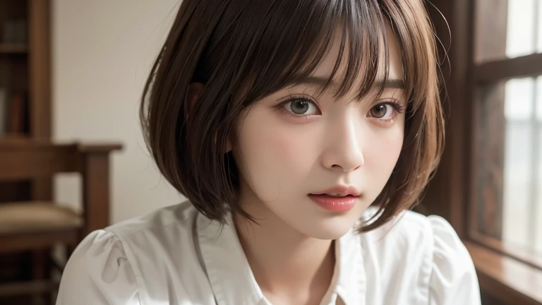 (Bob Cut Hair:1.2),(Wearing a blouse:1.2),1 girl,Japanese,21 years old,(Small breasts:1.3),(highest quality,masterpiece:1.3,超A high resolution,),(Ultra-detailed,Caustics),(Photorealistic:1.4,RAW shooting,)Ultra-Realistic Capture,Very detailed,High resolution 16K human skin close-up。 Natural skin texture、,Pores、、It needs to be detailed enough to be easily identifiable。 Skin should be even-toned and healthy looking。 Use natural light and colour, Sad expression, Looking at the camera, Perfect dynamic composition, Inside the church