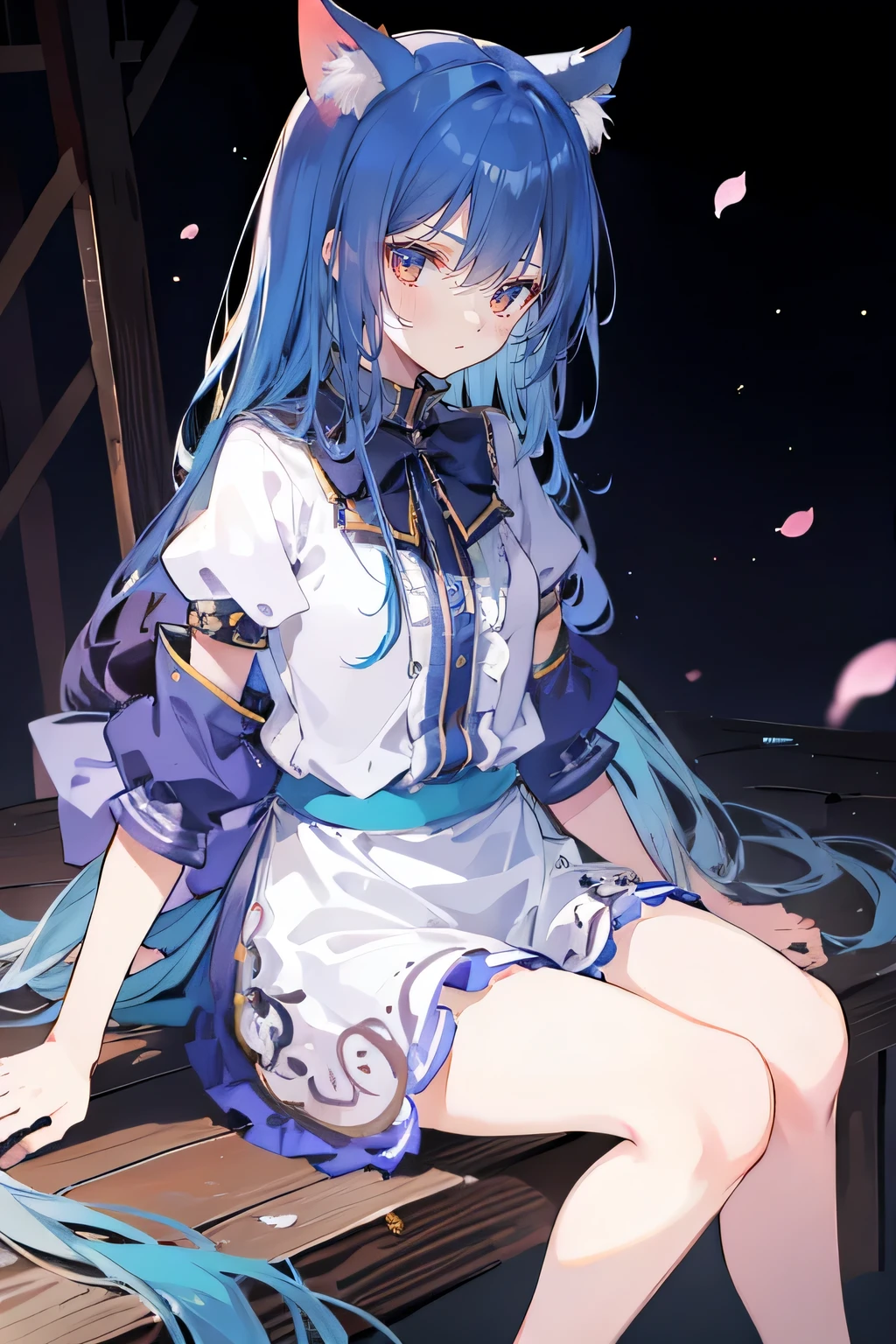(masterpiece:1.2),ultra-detailed,realistic,expressive eyes,fair-skinned,perfectly shaped face,1girl,
Japanese cartoons,Gorgeous blue hair, flowing blue hair,floating clothes,cat ears,petals falling,beautiful Lola,Hina Angel,
hands on waist,gracefully sitting on the ground,legs crossed,gentle and serene background,cool and comfortable pavilion,shy face ,night .