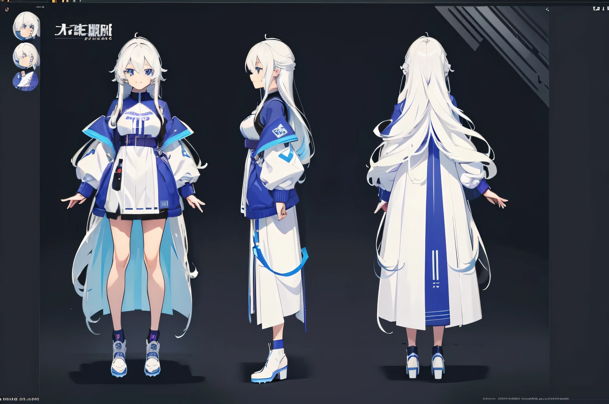(masterpiece:1.2, best quality), 1woman, cute face, big eyes, round cubby cute face, smile, long legs, full body, adult mature female (long wavy white hair, (white-blue mullet 1.1)), (very long hair), blue eyes, (blue pupil,) gamer, light blue-purple sweater, headphone, girl style ((masterpiece)), (((best quality))), (character design sheet, same character full body, front, side, back), Illustration, hair color, bangs, hair fax, eyes, environment change, pose kota, female, game design character sheet for 2d game, full body, model sheet turnaround, full color, two thirds wiew, front::4 view and back view, high resolution, 8k, 4k, high quality