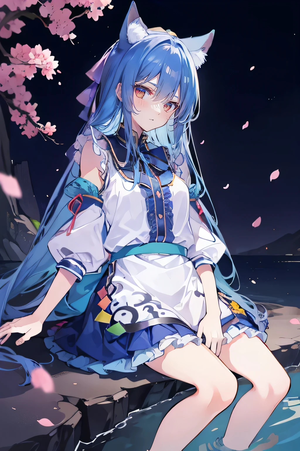 (masterpiece:1.2),ultra-detailed,realistic,expressive eyes,fair-skinned,perfectly shaped face,1girl,
Japanese cartoons,Gorgeous blue hair, flowing blue hair,floating clothes,cat ears,petals falling,beautiful Lola,Hina Angel,
hands on waist,gracefully sitting on the ground,legs crossed,gentle and serene background,cool and comfortable pavilion,shy face ,night .