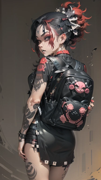 ((18-year-old punk girl,Unusual punk hair:1.3)),((Red and black punk fashion:1.5)),(Skeleton Brooch)Studded clothing、((punk rock patch))、((Black backpack on the back))、（Light black and blue hair:1.5）,Wacky makeup、whole body, (masterpiece), (High resolution), (Very delicate), scribble, nightmare, Doll-like face, Manga Style, rough sketch, Horror elements, Manga Styleイラスト, Japanese painting, phantom, (spooky), Japan sculpture, crazy illustration, antique, Dark atmosphere, Flat Illustration,spookyな外観, Distinctive messy hairstyle, creative accessories, Unique atmosphere
