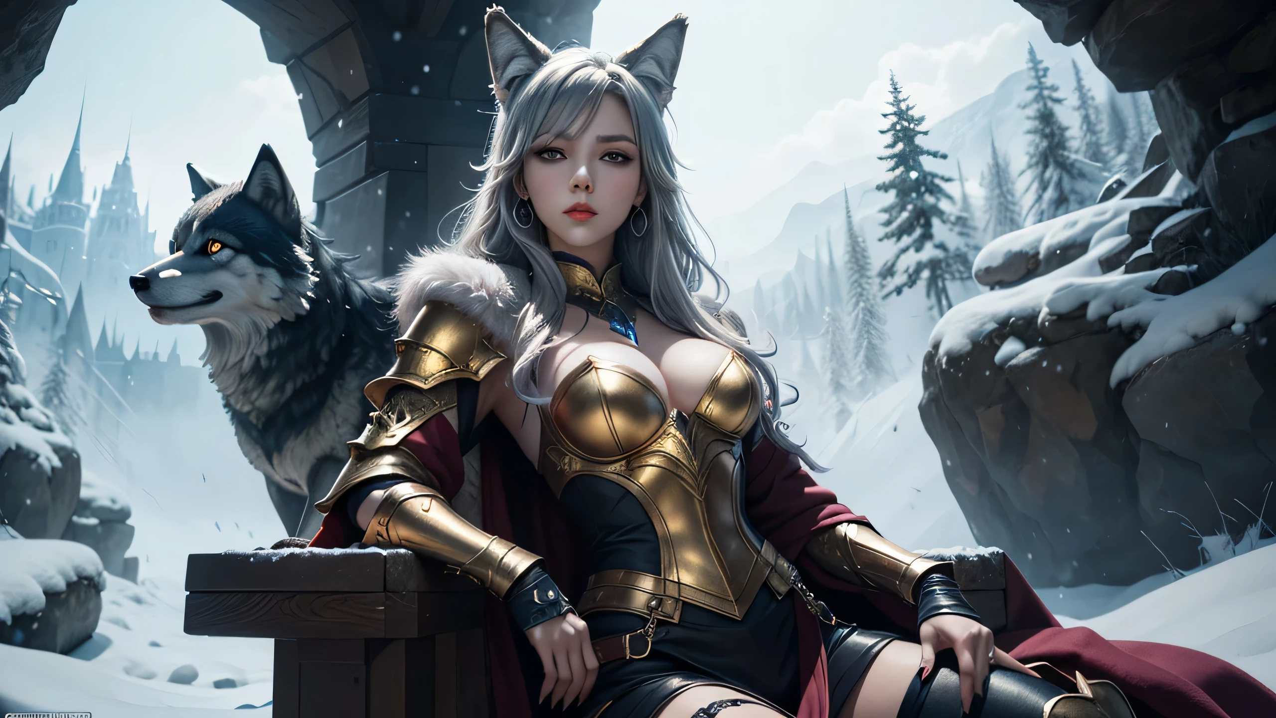 There is a snow cave near it on the stone throne sit a wolf girl, she have beatiful face ligh blue eyes red lips dark blue eye shadows main hair colour is silver with some pink highlights, dressed in sexy golden heavy armor with fur parts, saphire earrings on her wolf ears, and long sharp nails on her hands,(ultra high quality fantasy art, dark fantasy style, masterpiece, ultra highquality character design, 8k quality anime art, top quality wallpaper illustration, detailed ultra high quality acurate face, highquality design and acurate physic )