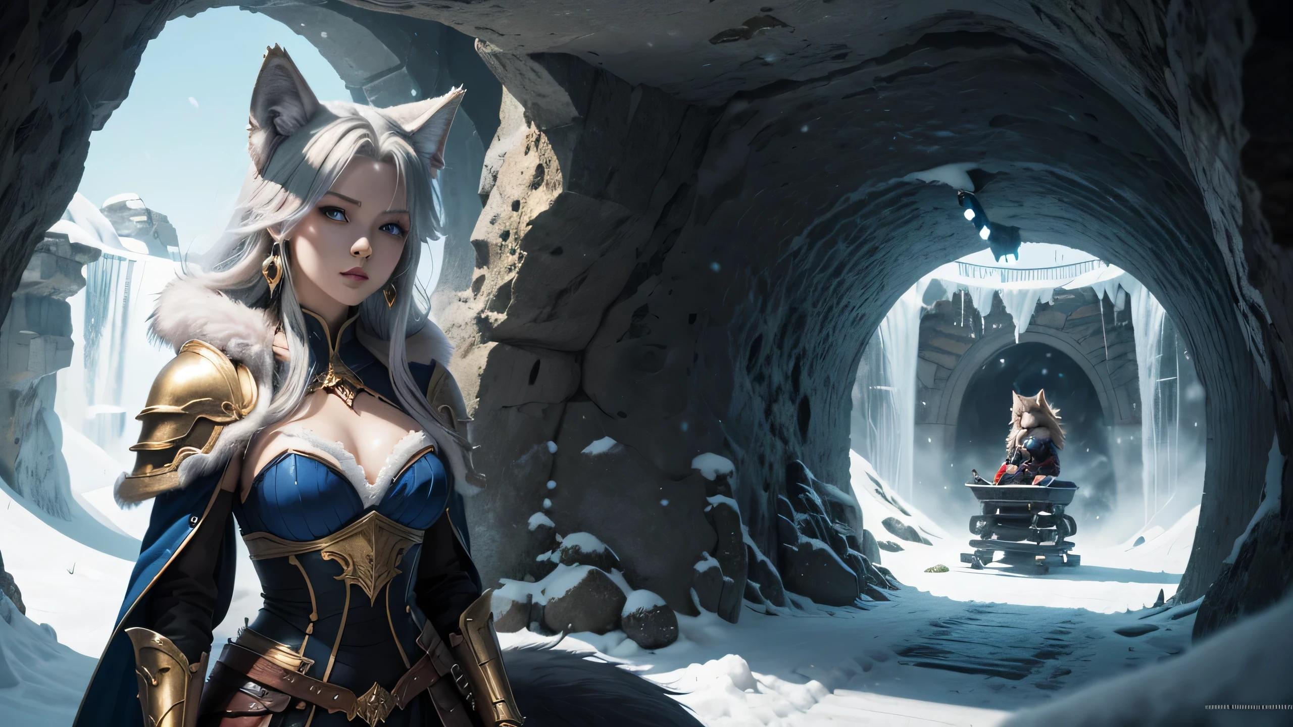 There is a snow cave near it on the stone throne sit a wolf girl, she have beatiful face ligh blue eyes red lips dark blue eye shadows main hair colour is silver with some pink highlights, dressed in sexy golden heavy armor with fur parts, saphire earrings on her wolf ears, and long sharp nails on her hands,(ultra high quality fantasy art, dark fantasy style, masterpiece, ultra highquality character design, 8k quality anime art, top quality wallpaper illustration, detailed ultra high quality acurate face, highquality design and acurate physic )