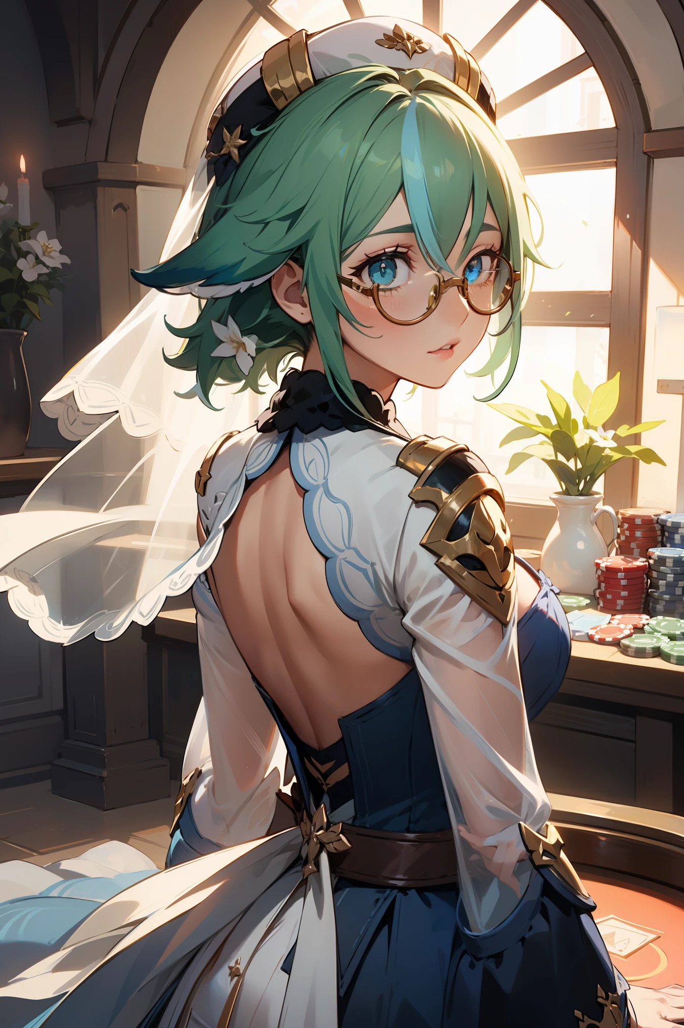 1girl,sucrosedef,green hair, glasses,
BREAK (Sheer white wedding dress,Veil ,Lace Sleeves,Big Long Tail:1.2)
BREAK casino, 
BREAK from back view、Look back with a sideways glance,
BREAK (masterpiece:1.2), best quality, high resolution, unity 8k wallpaper, (illustration:0.8), (beautiful detailed eyes:1.6), extremely detailed face, perfect lighting, extremely detailed CG, (perfect hands, perfect anatomy),