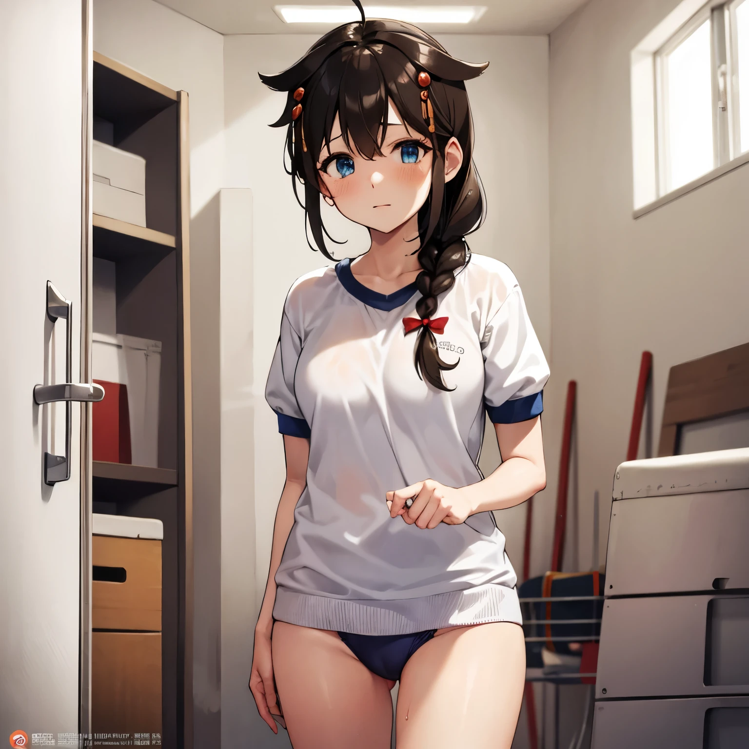 gym storeroom, shigure, ahoge, brown hair, blue eyes, braid, hair ornament, hair over shoulder, long hair, single braid, hair flaps, (masterpiece, best quality:1.2), illustration,8k,hd,long hair, single braid, Clenched fist、White panties、White gym clothes、Panty Peep, good, Wet, From below、Folded up gym clothes、Camel Toe、topless