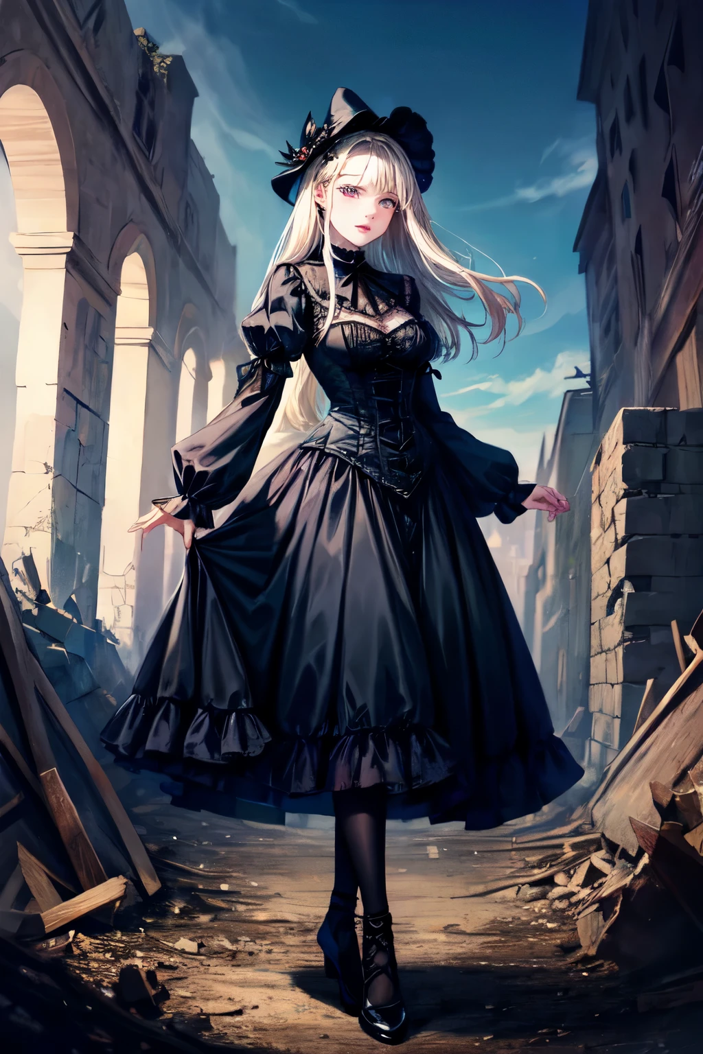 standing atop a pile of rubble、A fifty-something gothic girl wearing a black dress and black shoes, Dark astral dress, wearing a Gothic Dress, wearing modern Gothic Clothing, Black Gothic Lolita Dress, dark Gothic Dress, Gothic Dress, Glamorous goth dress, tattered ragged Gothic Dress, Detailed steampunk dress, Witchcore Outfit, Gothic Clothing, Gothic style, Astral Witch Outfit