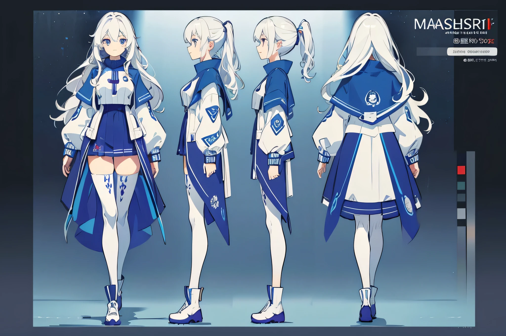 (masterpiece:1.2, best quality), 1woman, cute face, big eyes, round cubby cute face, smile, long legs, full body, adult mature female (long wavy white hair, (white-blue mullet 1.1)), (very long hair), blue eyes, (blue pupil,) gamer, light blue-purple sweater, headphone, girl style ((masterpiece)), (((best quality))), (character design sheet, same character full body, front, side, back), Illustration, hair color, bangs, hair fax, eyes, environment change, pose kota, female, game design character sheet for 2d game, full body, model sheet turnaround, full color, two thirds wiew, front::4 view and back view, high resolution, 8k, 4k, high quality