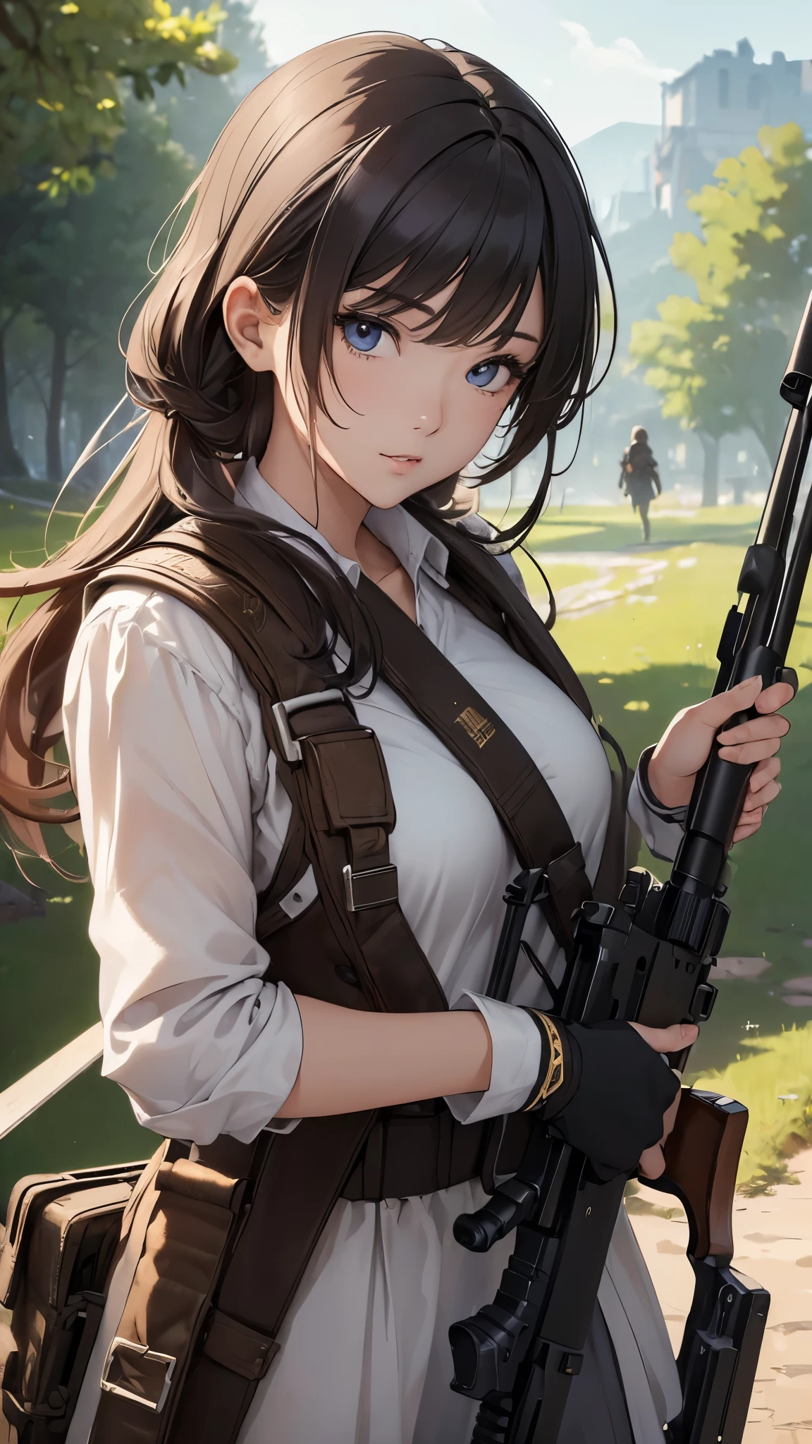 (((masterpiece))),(((High resolution)))、(((8K quality)))、(((woman having the simple rifle)))、20 years old, look at the camera, ((top quality eyes)), detailed face, (detailed texture), look at the camera, cum