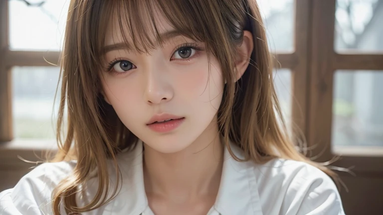 (Long Hair, bangs, Blonde Hair:1.2),(Wearing a blouse:1.2),1 girl,Japanese,21 years old,(Small breasts:1.3),(highest quality,masterpiece:1.3,超A high resolution,),(Ultra-detailed,Caustics),(Photorealistic:1.4,RAW shooting,)Ultra-Realistic Capture,Very detailed,High resolution 16K human skin close-up。 Natural skin texture、,Pores、、It needs to be detailed enough to be easily identifiable。 Skin should be even-toned and healthy looking。 Use natural light and colour, Sad expression, Looking at the camera, Perfect dynamic composition, Inside the church