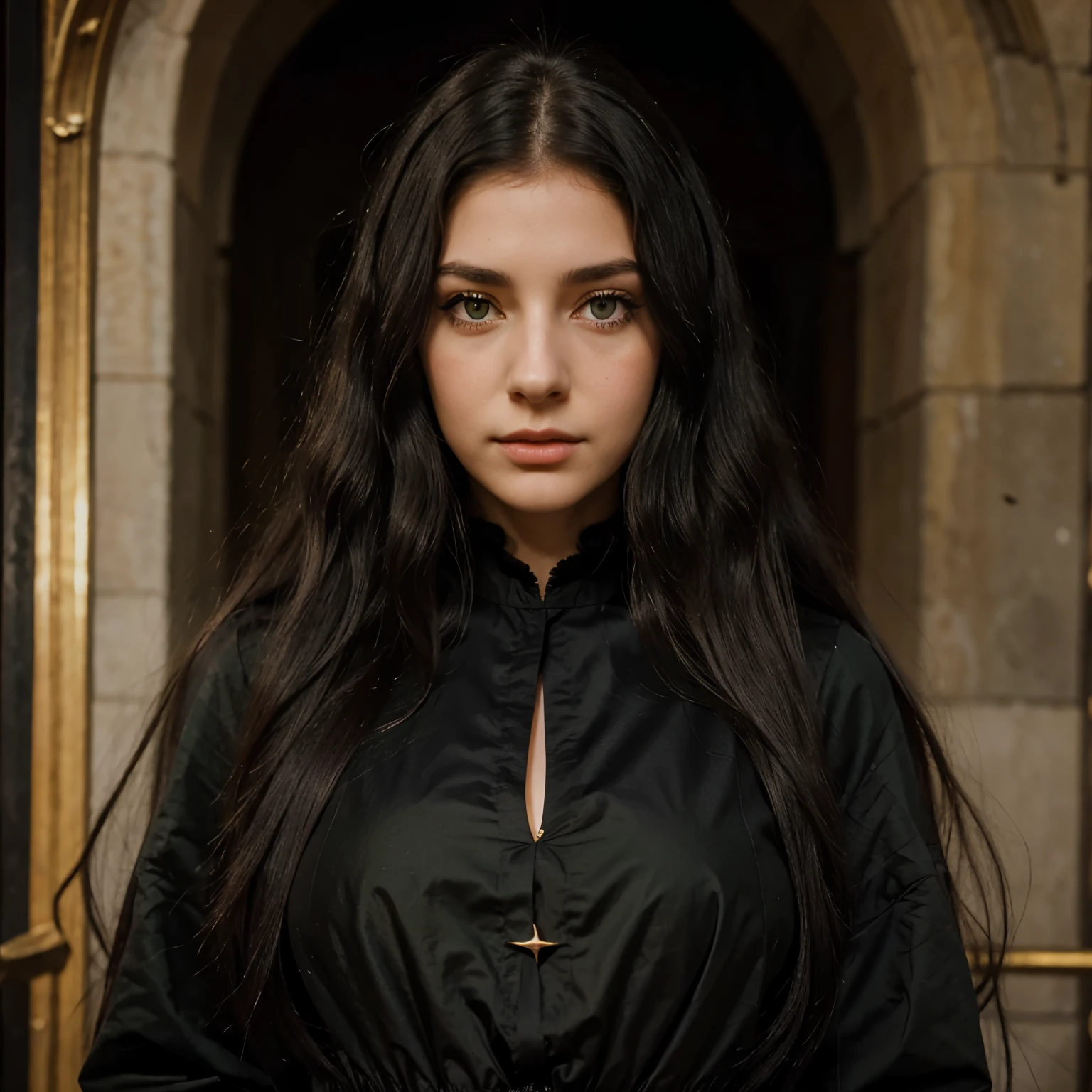 Young woman with long black frizzy hair, green eyes and long eyelashes, extremely beautiful in clothing from the 1170s accompanied by King Baudouin 4