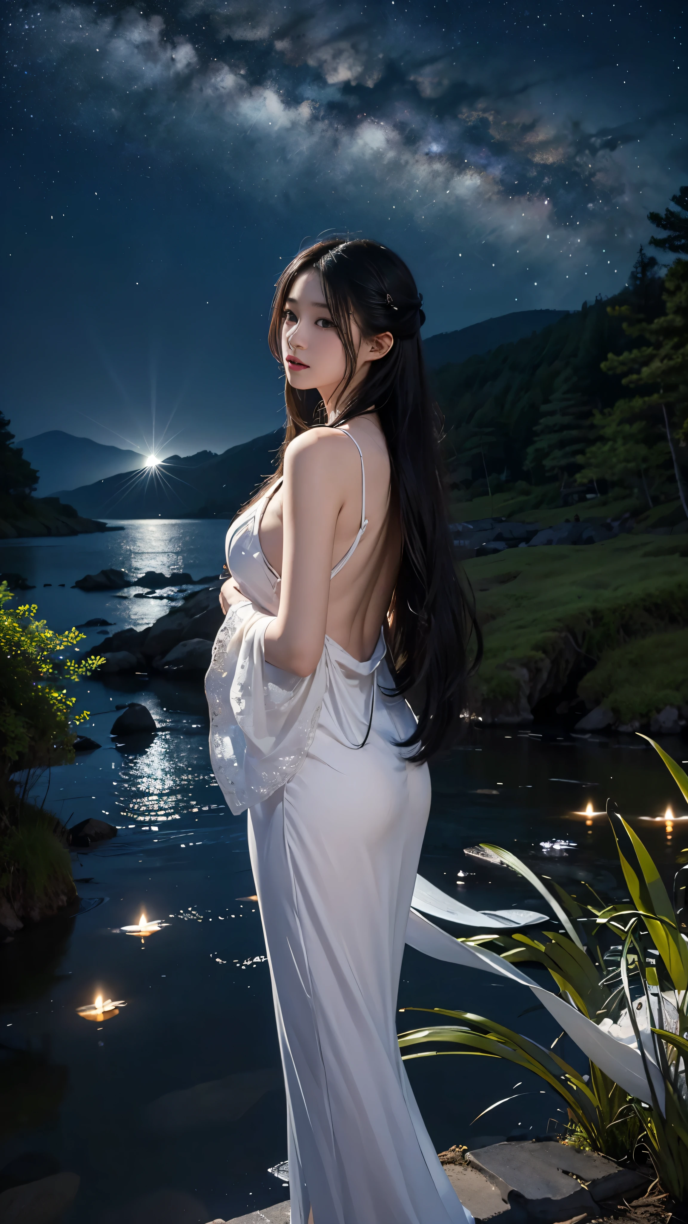 (masterpiece:1.1)、(highest quality:1.1)、 Athena Asamiya in a lovely flowing dress(1girl)The lonely figure of、This is an exquisite piece。Long, lustrous black hair cascading down her back、wood々It captures the moonlight filtering through the gaps in the。Beautiful outdoor background、wood々casts a complex shadow on the ground.、Depicts a serene forest environment revealing a panoramic shot of serenity。Ink splashes and colorful accents、Enhances stunningly detailed illustrations、It creates a mysterious atmosphere。The night sky is studded with stars、Vividly painted