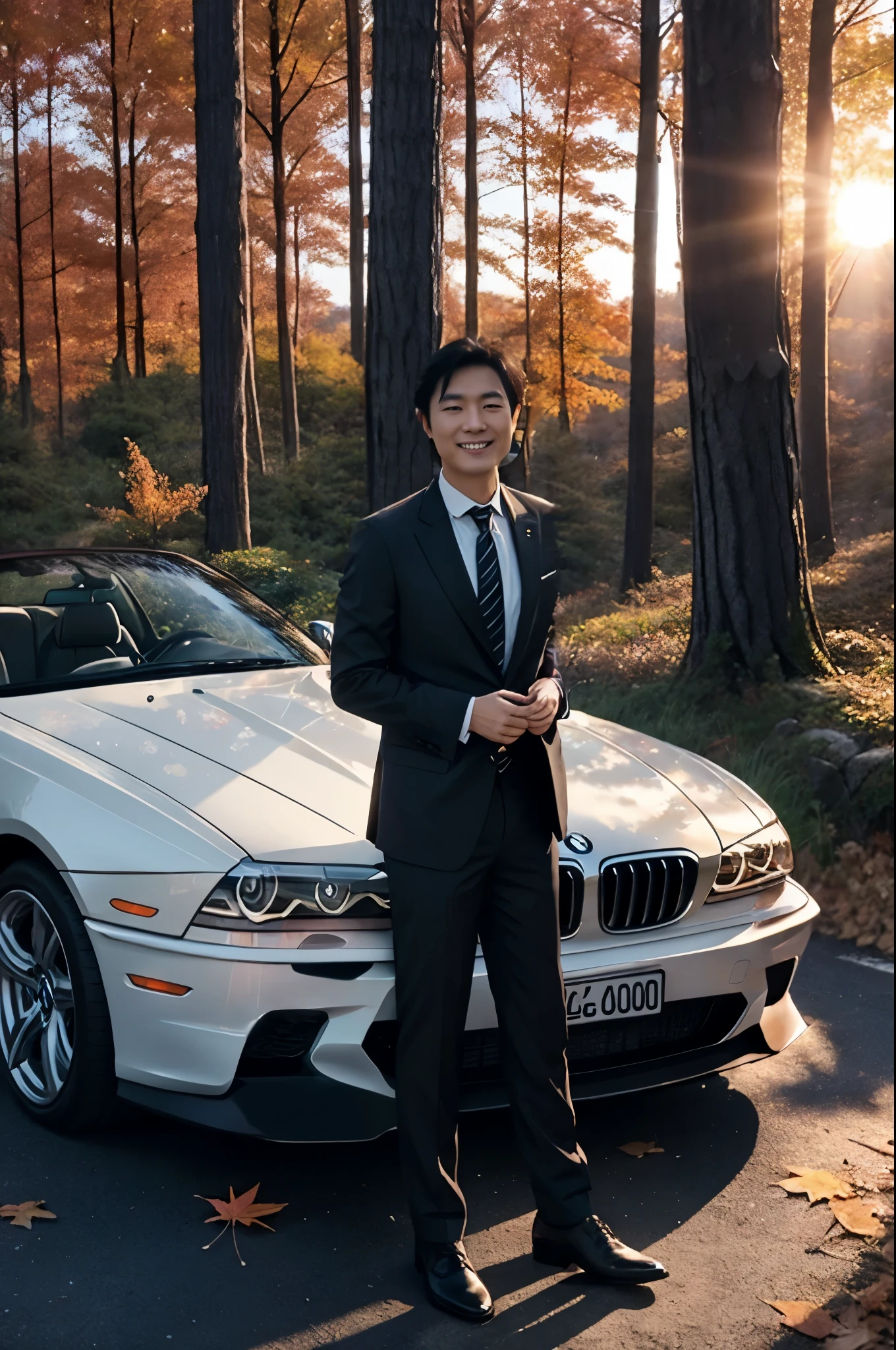 A young but mature-looking Japanese man wears a suit, tie and leather shoes. smiling and standing next to a white BMW840i, autumn forest, sunset, leaves falling, grass field.