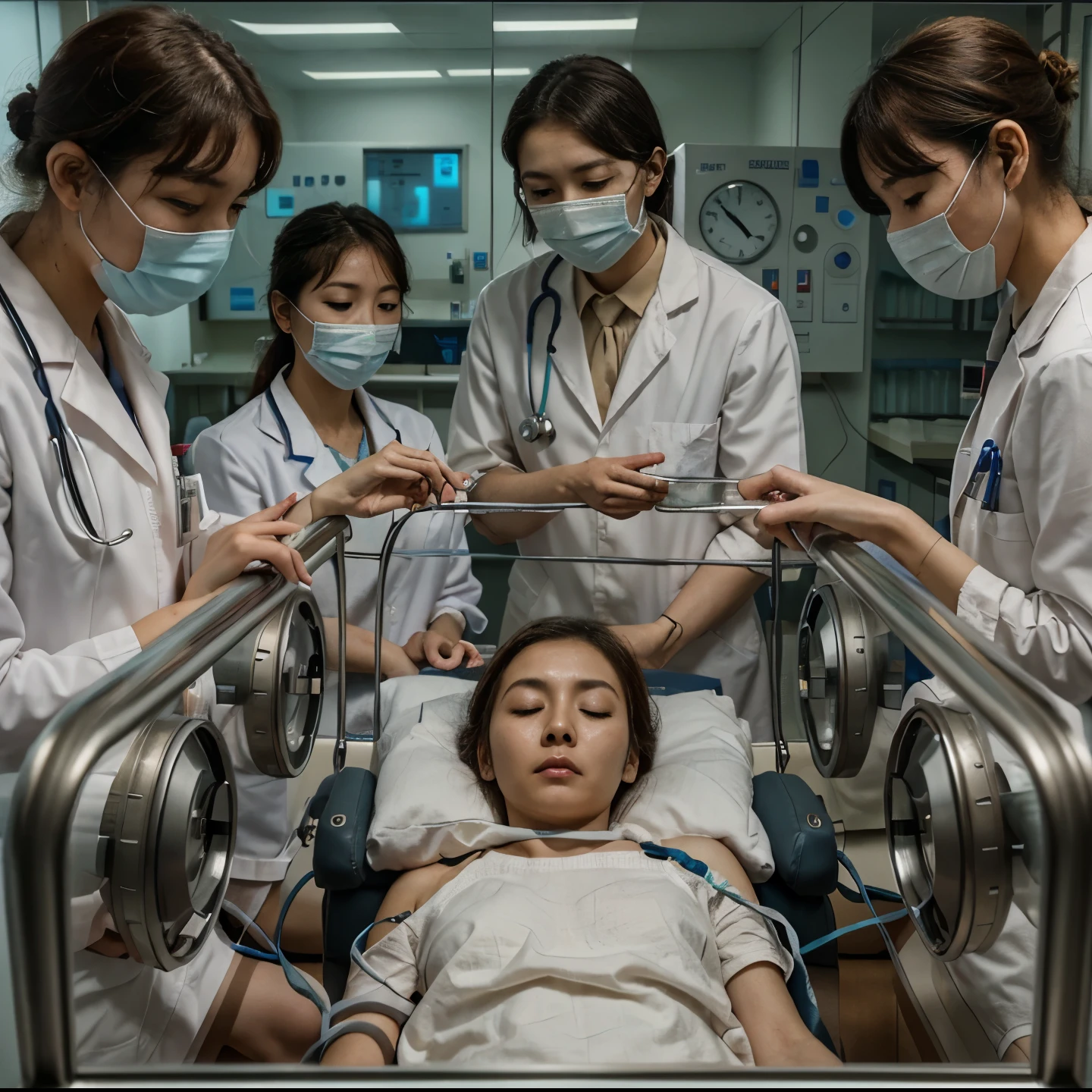 a beautiful Korean mother, lying weakly, eyes closed, with messy hair, looks dying, showing an expression of pain. there are several doctors guarding the treatment room. showing the whole body with hands containing the treatment tube. research laboratory room background.