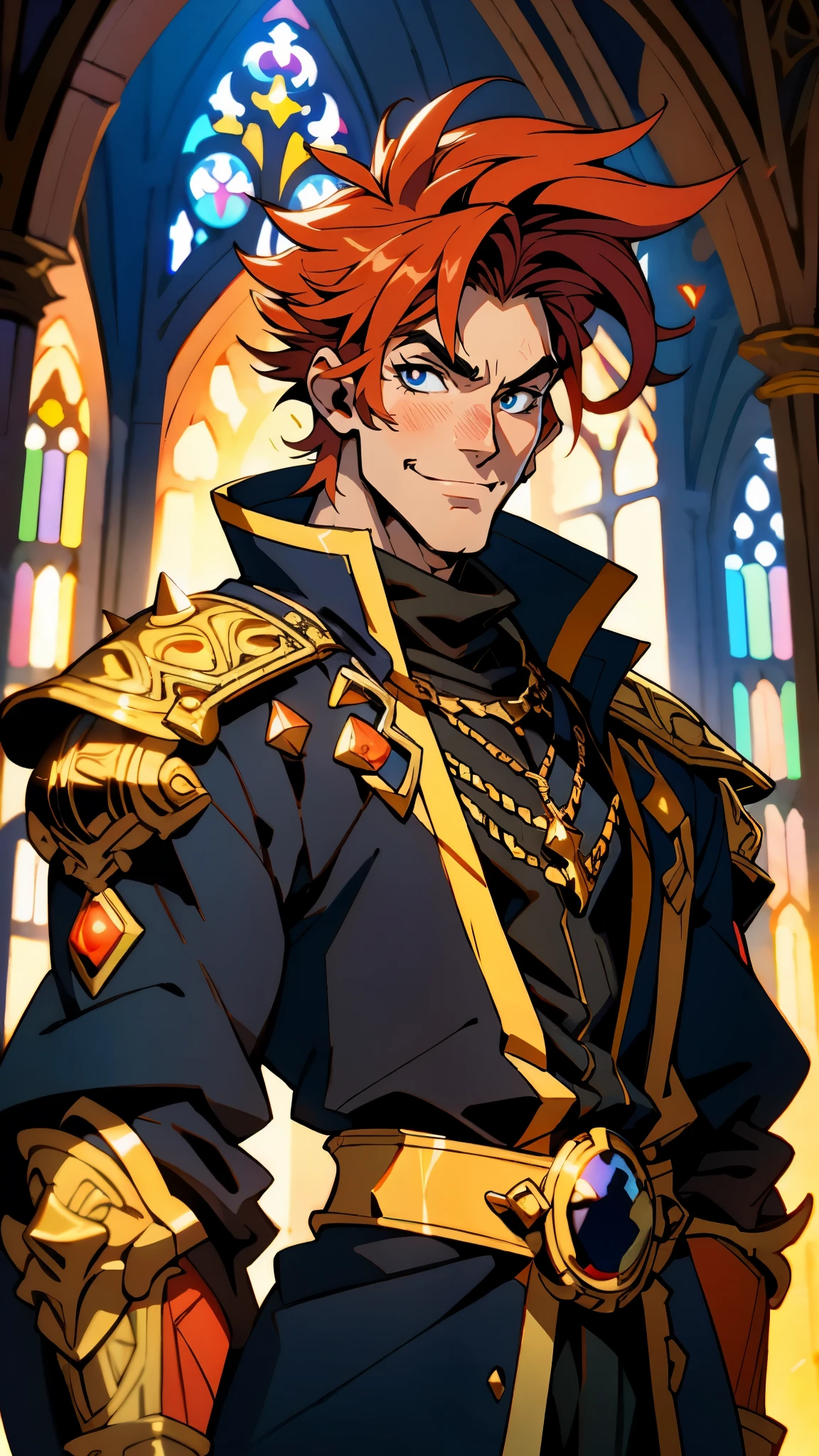 A man with exaggerated orange-red spike-like hair, thick eyebrows, droopy eyelids, fair skin, a cheerful smile, a dramatic fantasy-style black robe coat with a thick gold collar, exaggerated golden pointed shoulder pads, intricate gold patterns, a magnificent blue-black undershirt, half-body portrait, the backdrop of a splendid fantasy-style cathedral, this character embodies a finely crafted fantasy-style aristocrat in anime style, exquisite and mature manga art style, high definition, best quality, highres, ultra-detailed, ultra-fine painting, extremely delicate, professional, perfect body proportions, golden ratio, anatomically correct, symmetrical face, extremely detailed eyes and face, high quality eyes, creativity, RAW photo, UHD, 32k, Natural light, cinematic lighting, masterpiece-anatomy-perfect, masterpiece:1.5