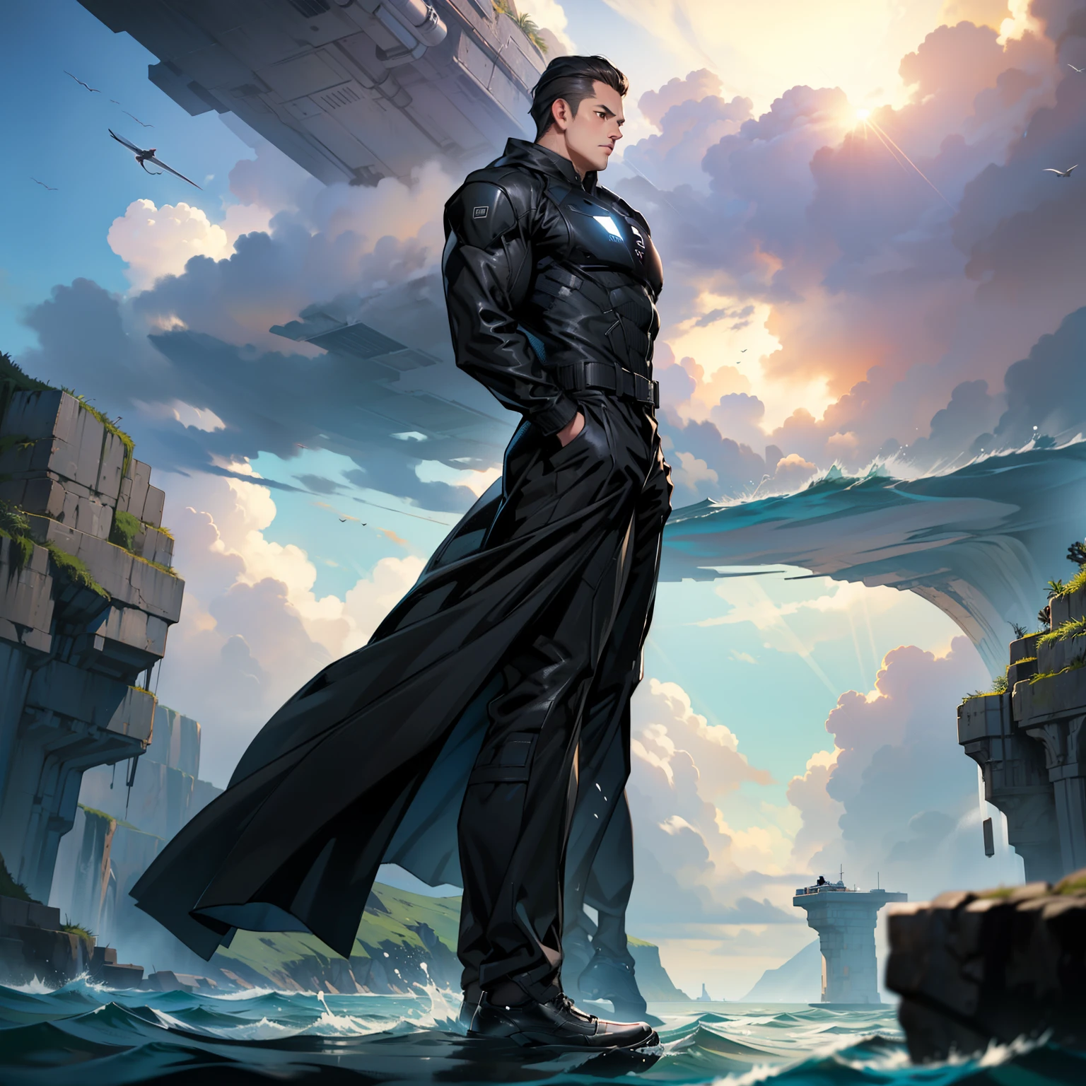 boys 26 Years old, juvenile, Serious face, brown eyes, black hair, brown eyes, muscular, hands behinds back, wearing ((black long matrix suits)), black oxfords shoes, levitated on water, ocean, blue sky, cloudy