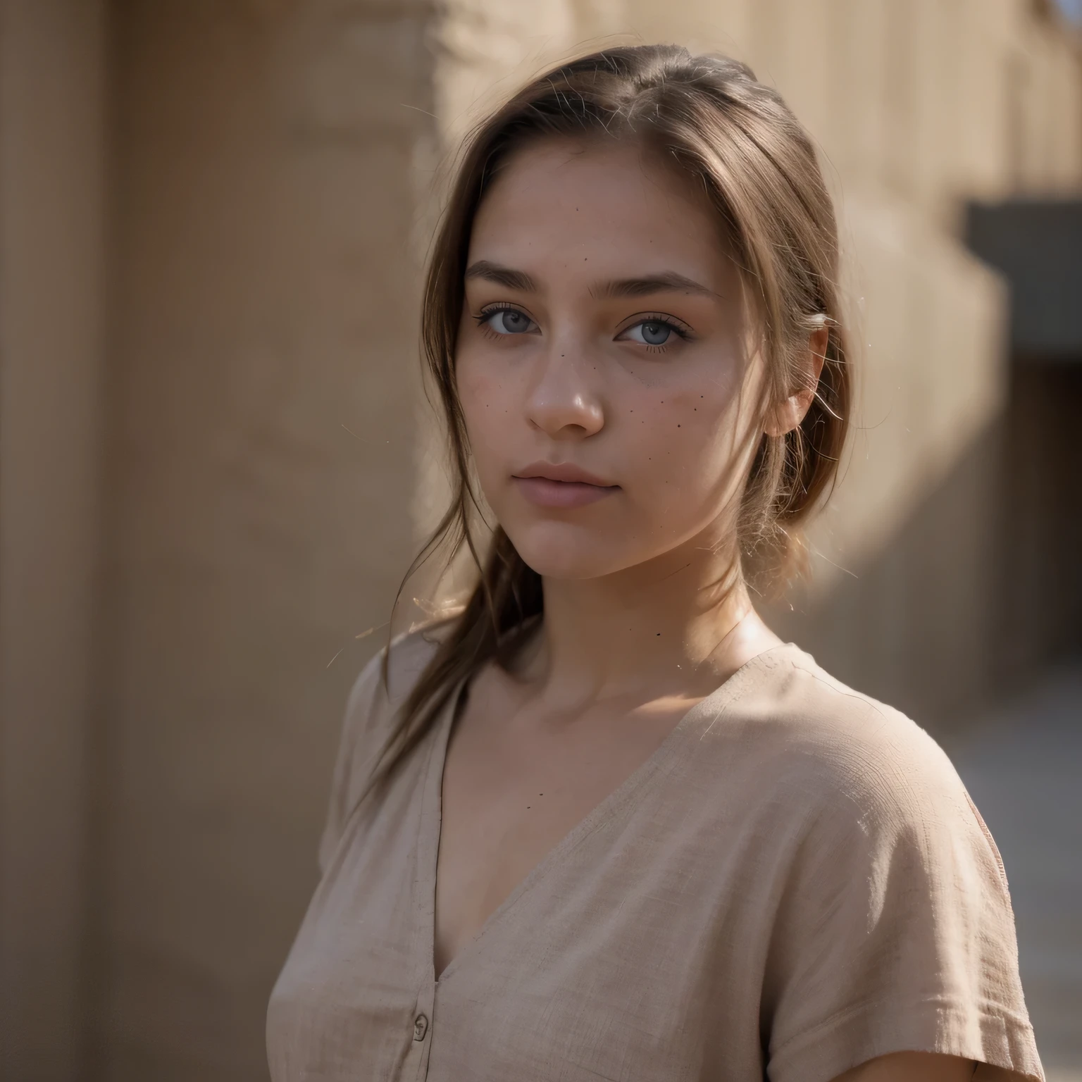 photo of a college student, in Desert Color Coarse Linen Pink,Desert Color Coarse Linen, (freckles:0.8) cute face, sci-fi, dystopian, detailed eyes, Heterochromia eyes((Side view))