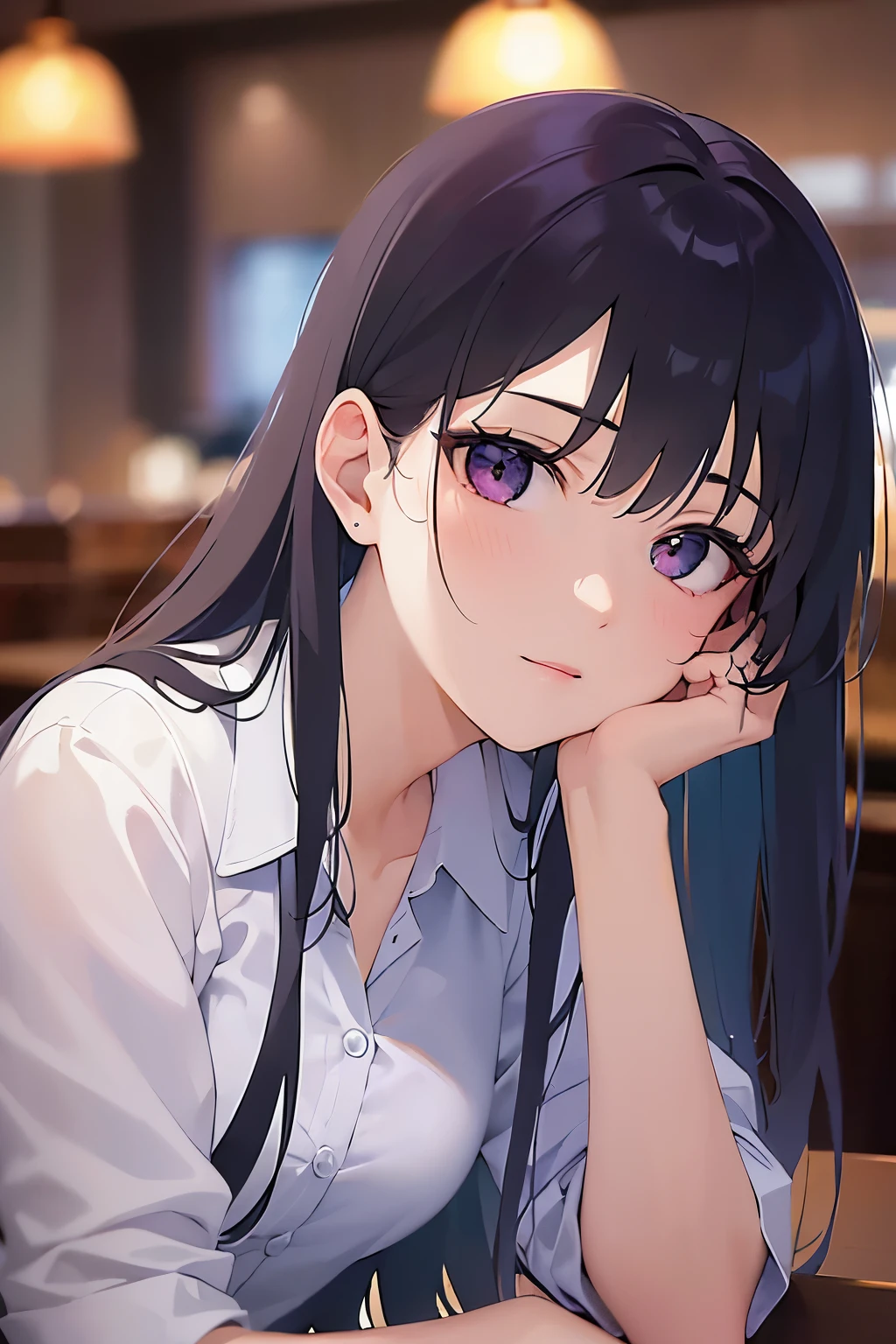 Placing hand on chin、side angle, Upper Body, Realistic, real person, (pale skin: 1.2), RAW photo, photorealistic, portrait photography, shiny skin, shiny hair、(A 25-year-old woman with straight hair and bangs) and (medium hair) and (black hair) and (purple eyes) , (white collared shirt:1.5) 、Bad mood, The background is the interior of a restaurant at night.、Alone、Sitting