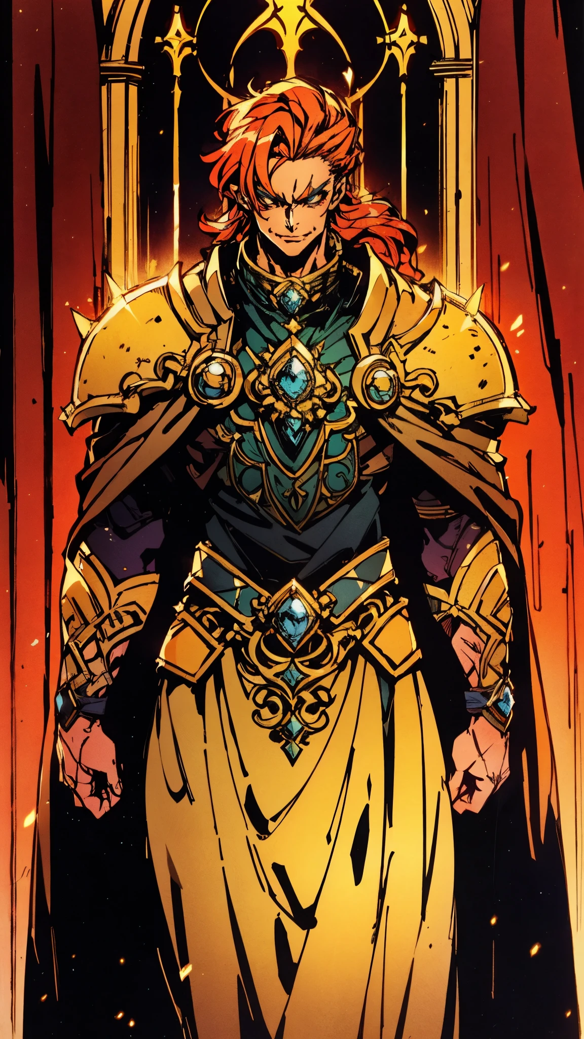 A man with exaggerated orange-red spike-like hair, thick eyebrows, droopy eyelids, fair skin, a cheerful smile, a dramatic fantasy-style black robe coat with a thick gold collar, exaggerated golden pointed shoulder pads, intricate gold patterns, a magnificent blue-black undershirt, half-body portrait, the backdrop of a splendid fantasy-style cathedral, this character embodies a finely crafted fantasy-style aristocrat in anime style, exquisite and mature manga art style, high definition, best quality, highres, ultra-detailed, ultra-fine painting, extremely delicate, professional, perfect body proportions, golden ratio, anatomically correct, symmetrical face, extremely detailed eyes and face, high quality eyes, creativity, RAW photo, UHD, 32k, Natural light, cinematic lighting, masterpiece-anatomy-perfect, masterpiece:1.5