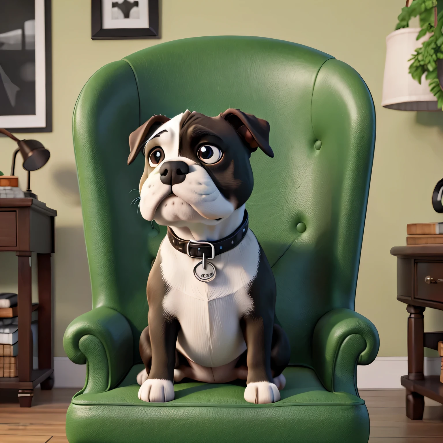 Black and white old English bulldog sitting on a green leather wingback chair 