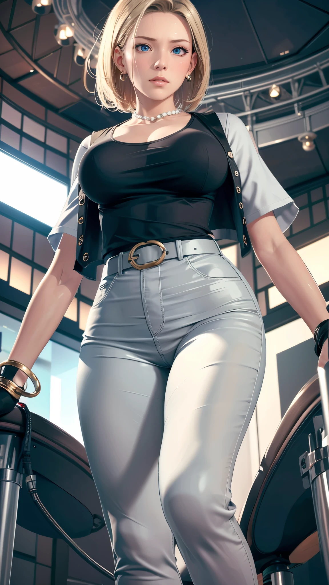 （（（完美figure，figure，solo， （（（belt, jeans, pearl_necklace, bracelet, black gloves, white shirt,short sleeves, earrings, blue pants, open vest, black vest,））），（（（and18, android 18, blonde hair, blue eyes,  short hair, ））），((masterpiece)),high resolution, ((Best quality at best))，masterpiece，quality，Best quality，（（（ Exquisite facial features，Looking at the audience,There is light in the eyes，(（（angry，serious））)，））），型figure:1.7））），（（（Light and shadow，Huge breasts））），（（（Looking at the camera，black background，from below,full body,Fisheye lens,walking,）））