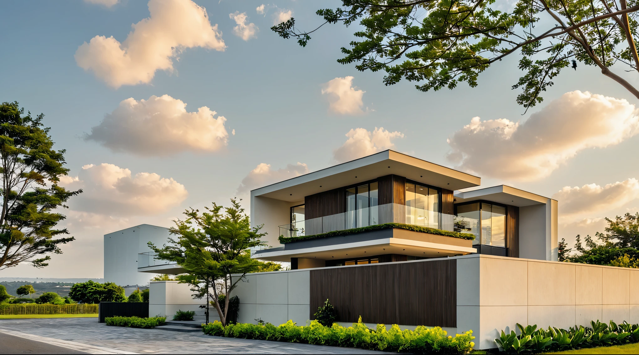 Masterpiece, high quality, best quality, authentic, super detail, outdoors, onestoreyvillaXL, aiaigroup, house style modern on the street ,stairs, white wall ,road,pavement, grass, trees, sky, cloud, (daylight:1.1)