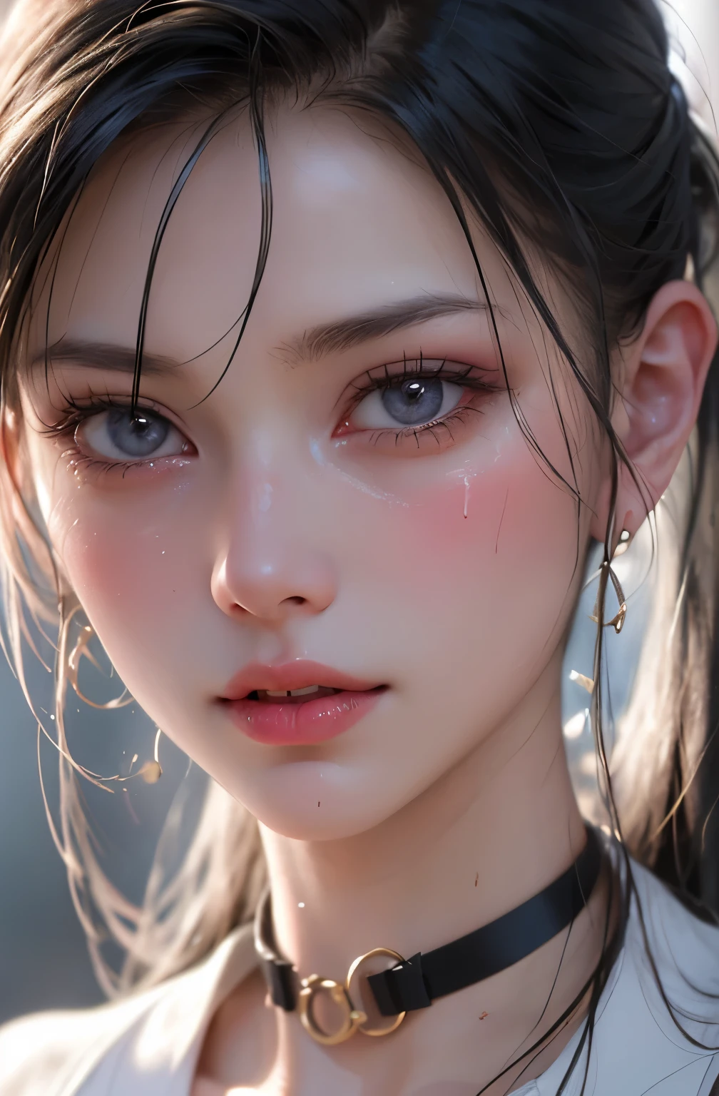 Black hair, (Long hair), gray eyes, (Glowing eyes), (White thighs: 1.2), Orgasmic face, seduction, , Seductive look, Charming, Blush, Shy, Disgusted, Disgusted, (mediating), Played badly, looking at someone, oh hey face, comfortable, Screaming, with her mouth open, Drooling, sexual convulsions, White skin, Red, Rosy face, Sweat, Wet body, Color, Alone, crying on the ground in , duck sitting, desire frustration, feeling of solitude, fondling, sexual pleasure, enduring pleasure, elk-off, attractive facial expression, (detail depiction of crying on the ground in school uniform), (duck sitting detail depiction front), detail depiction, Bust (Masterpiece), (Close-up), (Highest quality), Very detailed, Exquisite, Beautiful, (Close-up), (Close-up), ( Beautiful girl), (Collar, Collar), (detailed pink areola nail: , (delicate depiction of skin), (voluminous skin: 1.4), 8k wallpaper in first-class CG quality, Realistic, Master level, Masterpiece, Portrait, Center, display lens, beautiful Chinese and Korean mixed idol, (super detailed description face and face details), (Blush), Lip biting makeup, Sweet smile, Perfect facial features, Red eyes, Blind band + Hair above one eye, (Ruby nail). Fat_ mons, Cameltou,