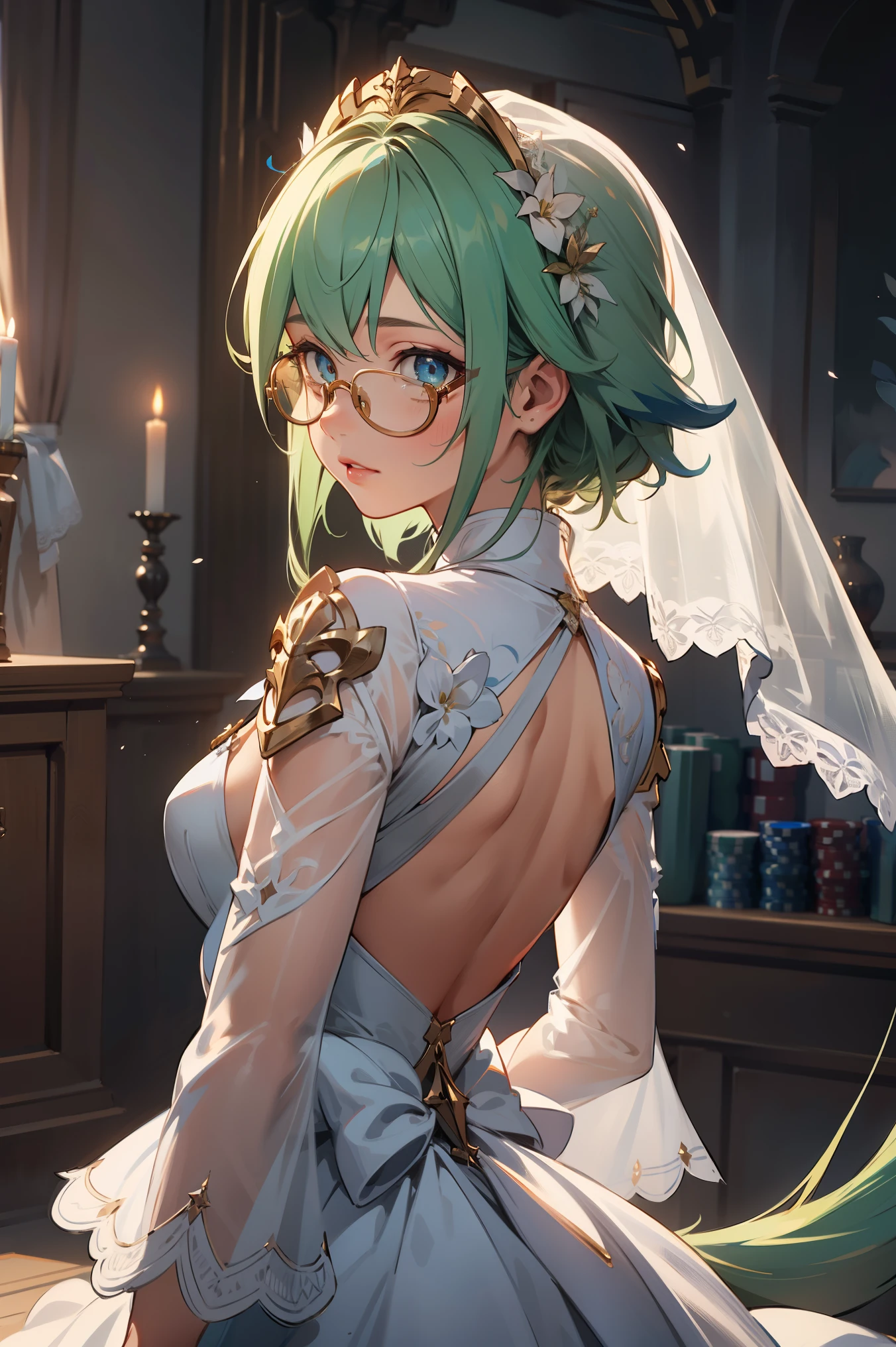 1girl,sucrosedef,green hair, glasses,
BREAK (Sheer white wedding dress,Veil ,Lace Sleeves,Big Long Tail:1.2)
BREAK casino, 
BREAK from back view、Look back with a sideways glance,
BREAK (masterpiece:1.2), best quality, high resolution, unity 8k wallpaper, (illustration:0.8), (beautiful detailed eyes:1.6), extremely detailed face, perfect lighting, extremely detailed CG, (perfect hands, perfect anatomy),