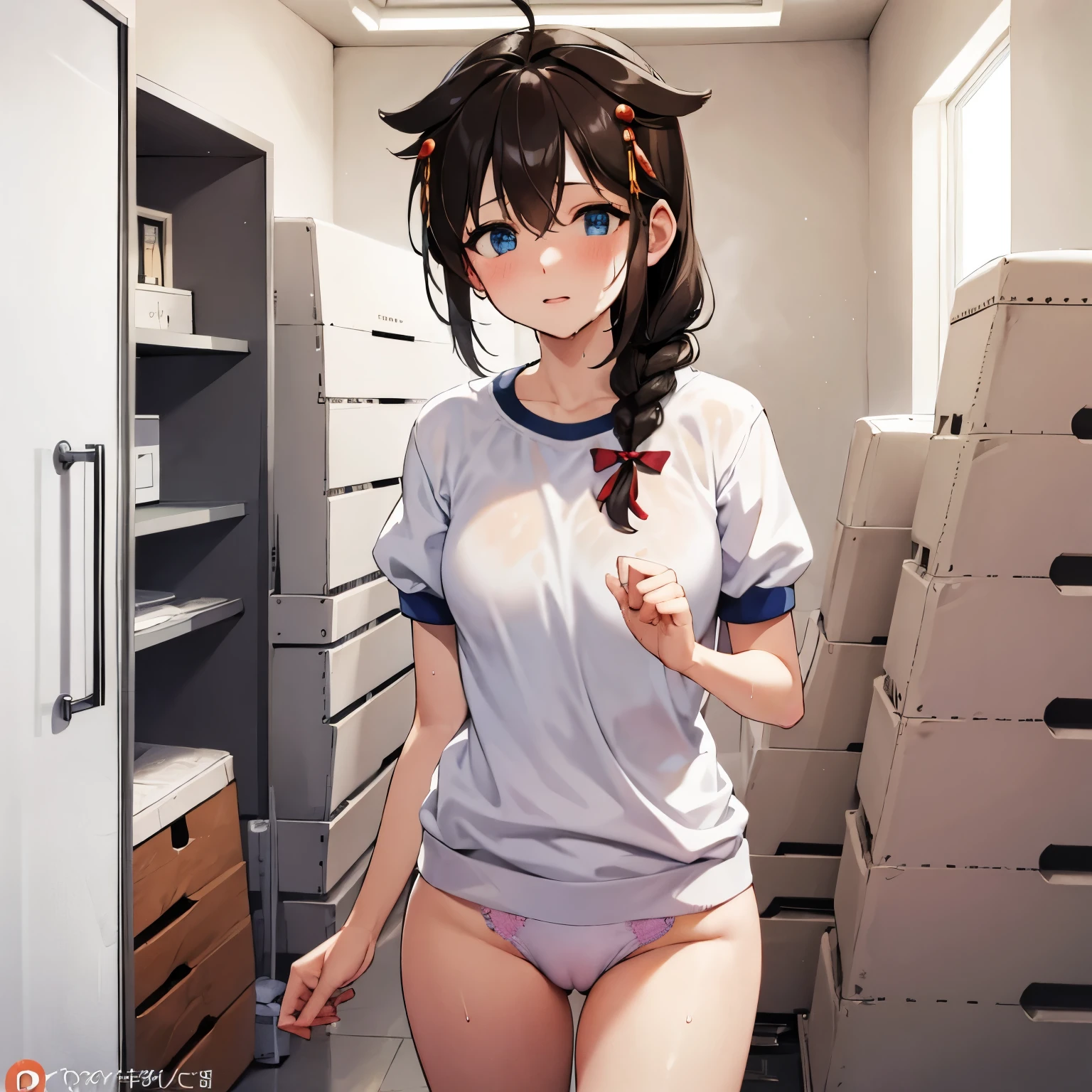 gym storeroom, shigure, ahoge, brown hair, blue eyes, braid, hair ornament, hair over shoulder, long hair, single braid, hair flaps, (masterpiece, best quality:1.2), illustration,8k,hd,long hair, single braid, Clenched fist、White panties、White gym clothes、Panty Peep, good, Wet, From below、Folded up gym clothes、Camel Toe