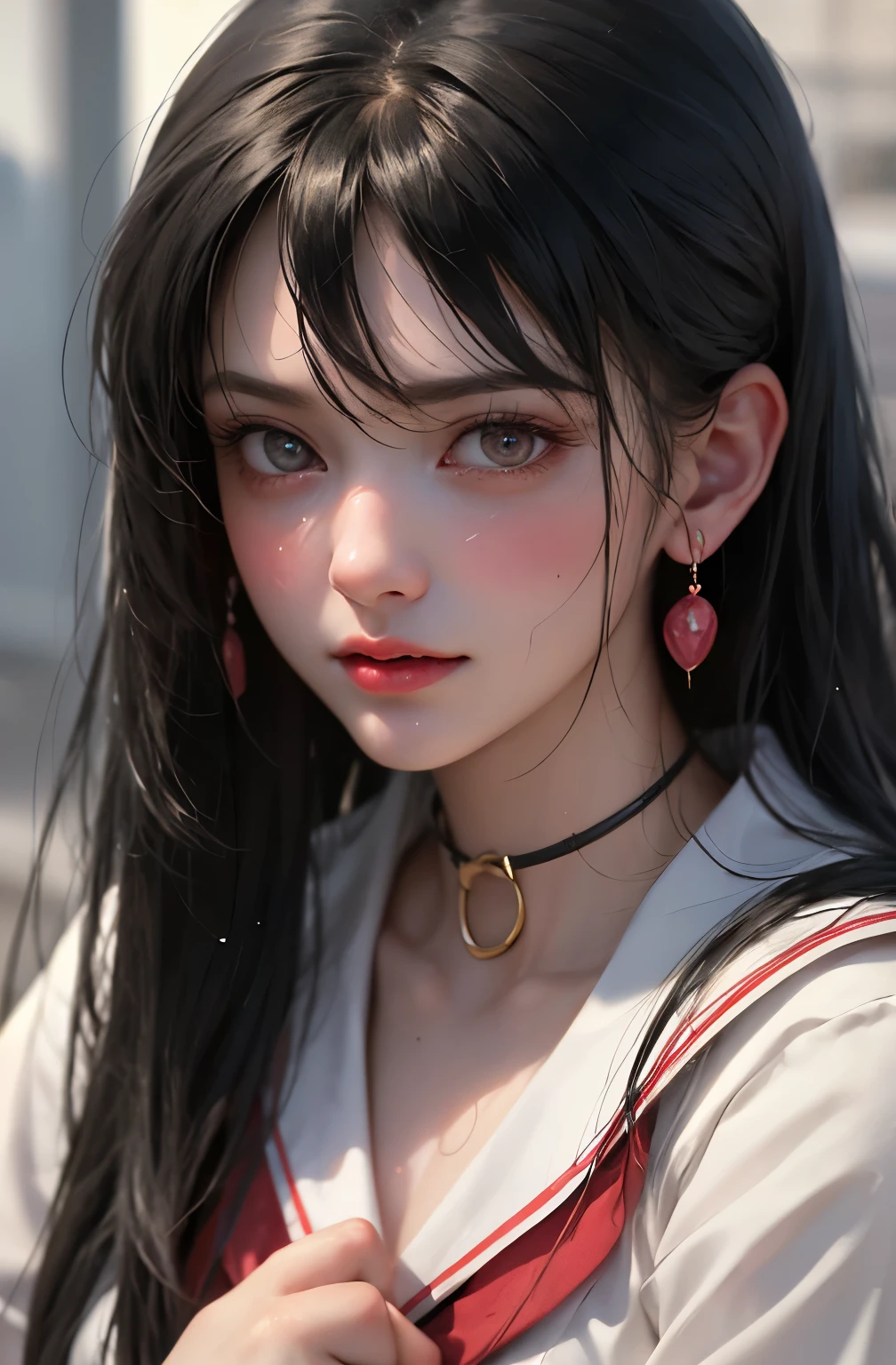 Black hair, (Long hair), gray eyes, (Glowing eyes), (White thighs: 1.2), Orgasmic face, seduction, , Seductive look, Charming, Blush, Shy, Disgusted, Disgusted, (mediating), Played badly, looking at someone, oh hey face, comfortable, Screaming, with her mouth open, Drooling, sexual convulsions, White skin, Red, Rosy face, Sweat, Wet body, Color, Alone, crying on the ground in , duck sitting, desire frustration, feeling of solitude, fondling, sexual pleasure, enduring pleasure, elk-off, attractive facial expression, (detail depiction of crying on the ground in school uniform), (duck sitting detail depiction front), detail depiction, Bust (Masterpiece), (Close-up), (Highest quality), Very detailed, Exquisite, Beautiful, (Close-up), (Close-up), ( Beautiful girl), (Collar, Collar), (detailed pink areola nail: , (delicate depiction of skin), (voluminous skin: 1.4), 8k wallpaper in first-class CG quality, Realistic, Master level, Masterpiece, Portrait, Center, display lens, beautiful Chinese and Korean mixed idol, (super detailed description face and face details), (Blush), Lip biting makeup, Sweet smile, Perfect facial features, Red eyes, Blind band + Hair above one eye, (Ruby nail). Fat_ mons, Cameltou,