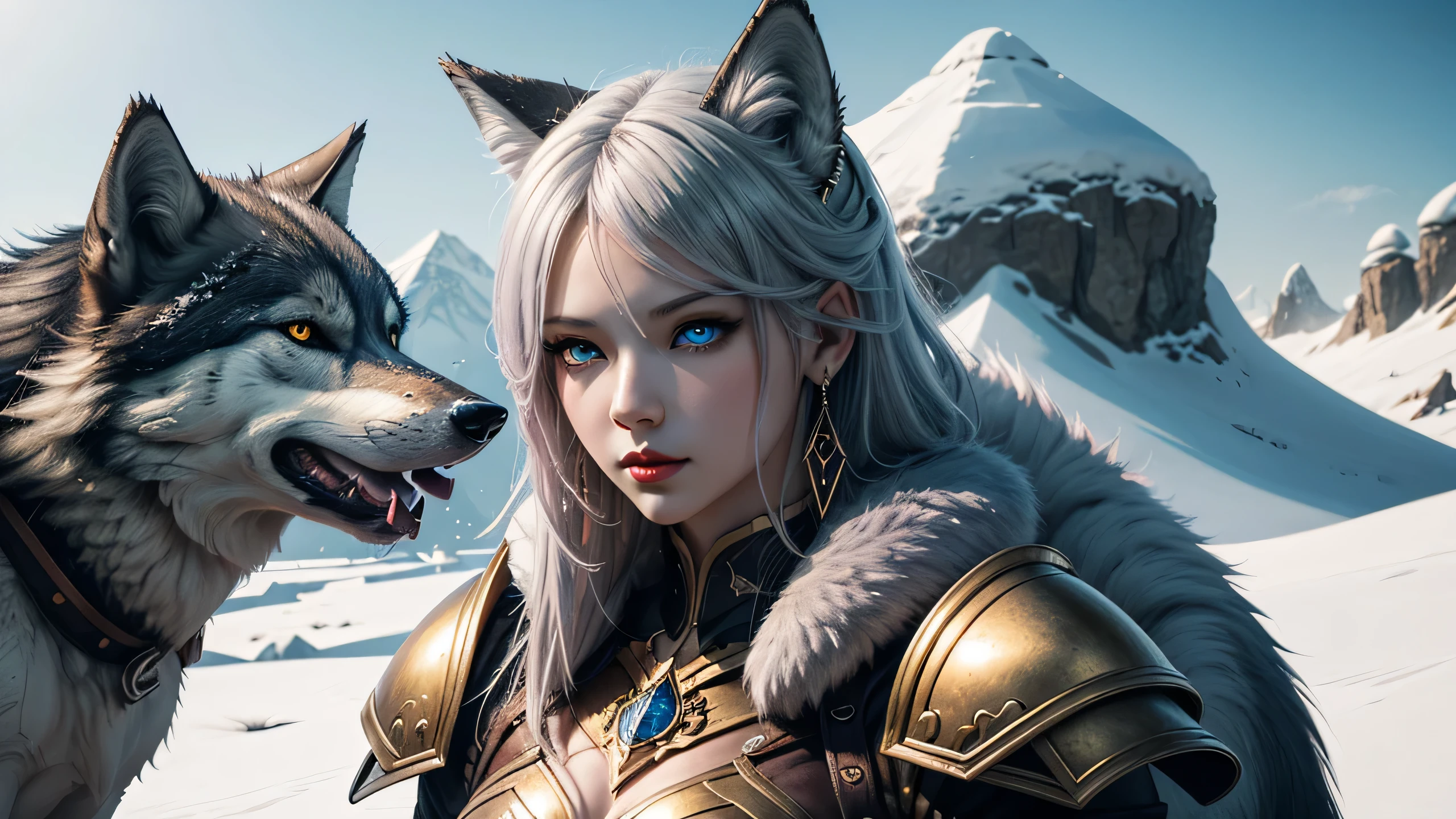 There is a snow cave near it on the stone throne sit a wolf girl, she have beatiful face ligh blue eyes red lips dark blue eye shadows main hair colour is silver with some pink highlights, dressed in sexy golden heavy armor with fur parts, saphire earrings on her wolf ears, and long sharp nails on her hands,(ultra high quality fantasy art, dark fantasy style, masterpiece, ultra highquality character design, 8k quality anime art, top quality wallpaper illustration, detailed ultra high quality acurate face, highquality design and acurate physic )