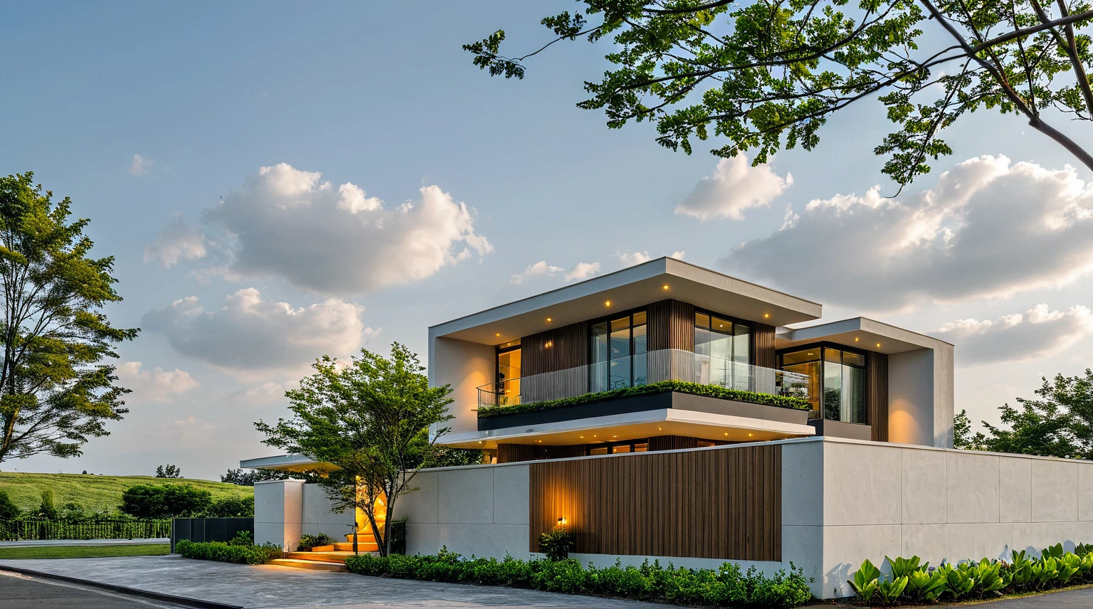 Masterpiece, high quality, best quality, authentic, super detail, outdoors, onestoreyvillaXL, aiaigroup, house style modern on the street ,stairs, white wall ,road,pavement, grass, trees, sky, cloud, (daylight:1.1)
