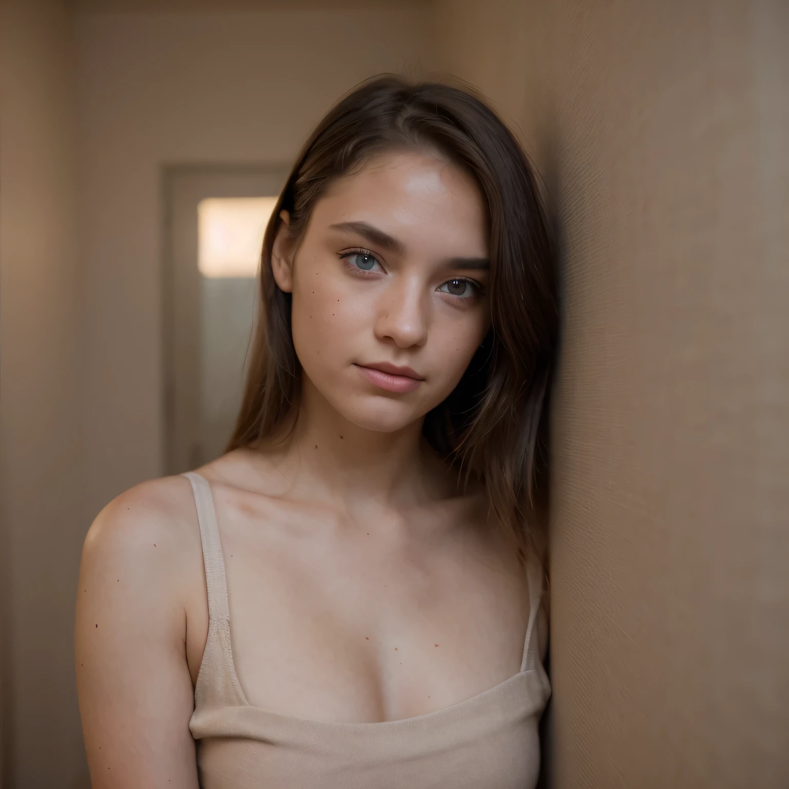 photo of a college student, in Desert Color Coarse Linen Pink,Desert Color Coarse Linen, (freckles:0.8) cute face, sci-fi, dystopian, detailed eyes, Heterochromia eyes（（Side view））