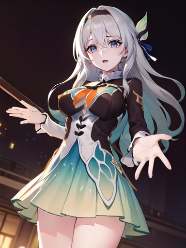 (masterpiece:1.3),((High resolution)),((high quality)),((Super detailed))、One girl、((可愛いsmile:1.2))、Perfect balance、Perfect Face、Detailed face、Cute face、Beautiful detailed eyes、Expressive eyes、Cute eyes、Shiny eyes、Perfect body、Beautiful body、honkai firefly, fire Fly, (Purple eyes:1.3), Grey Hair, 蝶のhair ornaments, hair ornaments, Hair intake, Long Hair, (Bright Eyes:1.5), shoes下, 青色のdress, 青色のshoes下,((Large Breasts)) ((Orange ribbon:1.5))、dress, shoes, shoes下, ツートーンdress, ツートーンshoes下, ホワイトdress, Long sleeve, hair band, 外でrest, 視聴者を見ながらrest, (Cowboy Shot:1.5), ((smile)) , rest, (masterpiece:1.2), 最high quality, High resolution,8k ,wallpaper, (shape:0.8), (美しいfine grain:1.6), 非常にDetailed face, Perfect lighting, Extremely detailed CG, (Perfect hands, Perfect Anatomy), ((masterpiece,最high quality)), Very detailed, Shine, Shine光, Ray Tracing, (Perfect Face, Detailed face, fine grain, Perfect hands, Perfect Fingers:1.5), High resolution, とってもCute face, 最high quality, Very detailed, Shine目, (最high qualityの写実的なイラスト), (Super quality), (Cute illustrations:1.3), (High chroma:1.3),, Beautiful and exquisite face and eyes, Dynamic Lighting, (Very delicate and beautiful), (Nice hands), (Perfect hands:1.4), Very detailedなイラスト, Very cute and beautiful, 最high quality, thin ,Baby Face, Flower Field、Are standing、From below