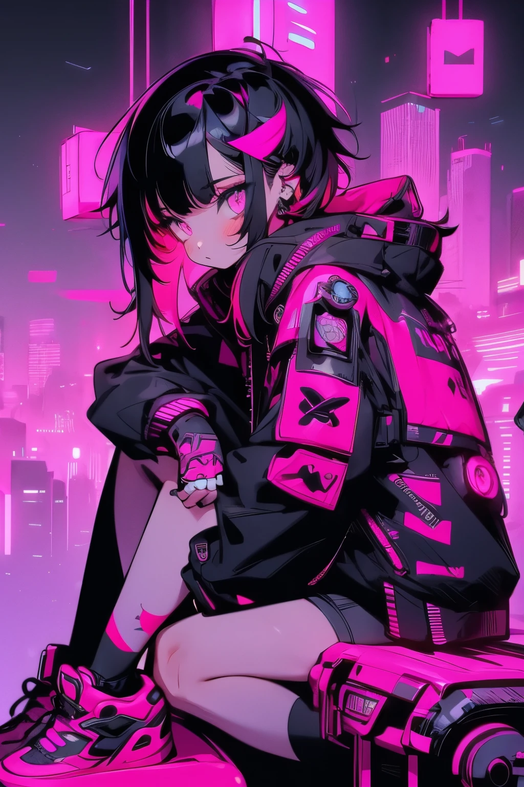 girl, Pink Long Hair, Cool black open short jacket, Tattoo, Messy fade cut hair, crazy, Sitting pose, Futuristic neon night city background,put