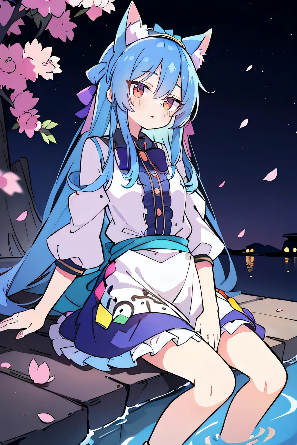 (masterpiece:1.2),ultra-detailed,realistic,expressive eyes,fair-skinned,perfectly shaped face,1girl,
Japanese cartoons,Gorgeous blue hair, flowing blue hair,floating clothes,cat ears,petals falling,beautiful Lola,Hina Angel,
hands on waist,gracefully sitting on the ground,legs crossed,gentle and serene background,cool and comfortable pavilion,shy face ,night .