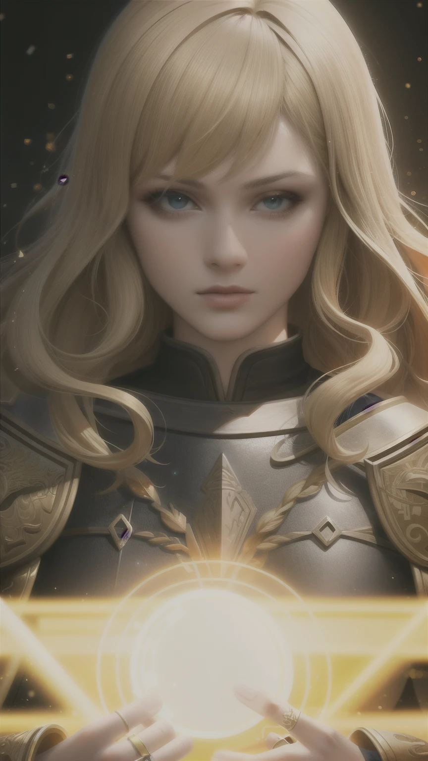 head close up, front camera, realistic portrait of a woman in digital painting, 3r1nm0r1art72, Nice smile, (Wavy hair:1.1), (Blonde hair:1.3), Magic Yellow Universe, white magical cloth armor with yellow engraving in intricate detail, (abstract, background:1.2), (light particle:1.1), (very detailed skin:1.2), (game concept:1.3), (Elden style ring:1.3), (mysterious style:0.8), (depth of field:1.3), global illumination, art of Hoang Lapa, Fuji Hoko, Artgerma, Greg Rutkowski and Victoria Gavrilenko 