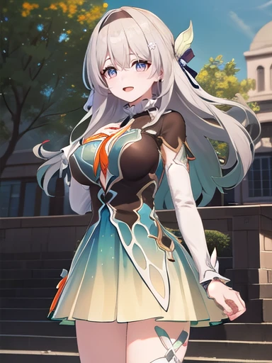 (masterpiece:1.3),((High resolution)),((high quality)),((Super detailed))、One girl、((可愛いsmile))、Perfect balance、Perfect Face、Detailed face、Cute face、beautiful詳細な目、Expressive eyes、Cute eyes、Shiny eyes、Perfect body、beautiful体、honkai firefly, fire Fly, (Purple eyes:1.3), Grey Hair, 蝶のhair ornaments, hair ornaments, Hair intake, Long Hair, (Bright Eyes:1.5), shoes下, 青色のdress, 青色のshoes下,((Large Breasts)) ((Orange ribbon:1.5))、dress, shoes, shoes下, ツートーンdress, ツートーンshoes下, ホワイトdress, Long sleeve, hair band, 外でrest, 視聴者を見ながらrest, (Cowboy Shot:1.5), ((smile)) , rest, (masterpiece:1.2), 最high quality, High resolution,8k ,wallpaper, (shape:0.8), (beautifulfine grain:1.6), 非常にDetailed face, Perfect lighting, Extremely detailed CG, (Perfect hands, Perfect Anatomy), ((masterpiece,最high quality)), Very detailed, Shine, Shine光, Ray Tracing, (Perfect Face, Detailed face, fine grain, Perfect hands, Perfect Fingers:1.5), High resolution, とってもCute face, 最high quality, Very detailed, Shine目, (最high qualityの写実的なイラスト), (Super quality), (Cute illustrations:1.3), (High chroma:1.3),, Beautiful and exquisite face and eyes, Dynamic Lighting, (とても繊細でbeautiful), (Nice hands), (Perfect hands:1.4), Embarrassing、(head shot)、blush、beautiful女の子、Cute face、beautiful顔、Cute face、beautiful、Good anatomy、Mistress Pose, smile, blush, Outdoor, Day,blue sky, empty, Watching the audience, Moody lighting, In-person audience、((Are standing))、From below