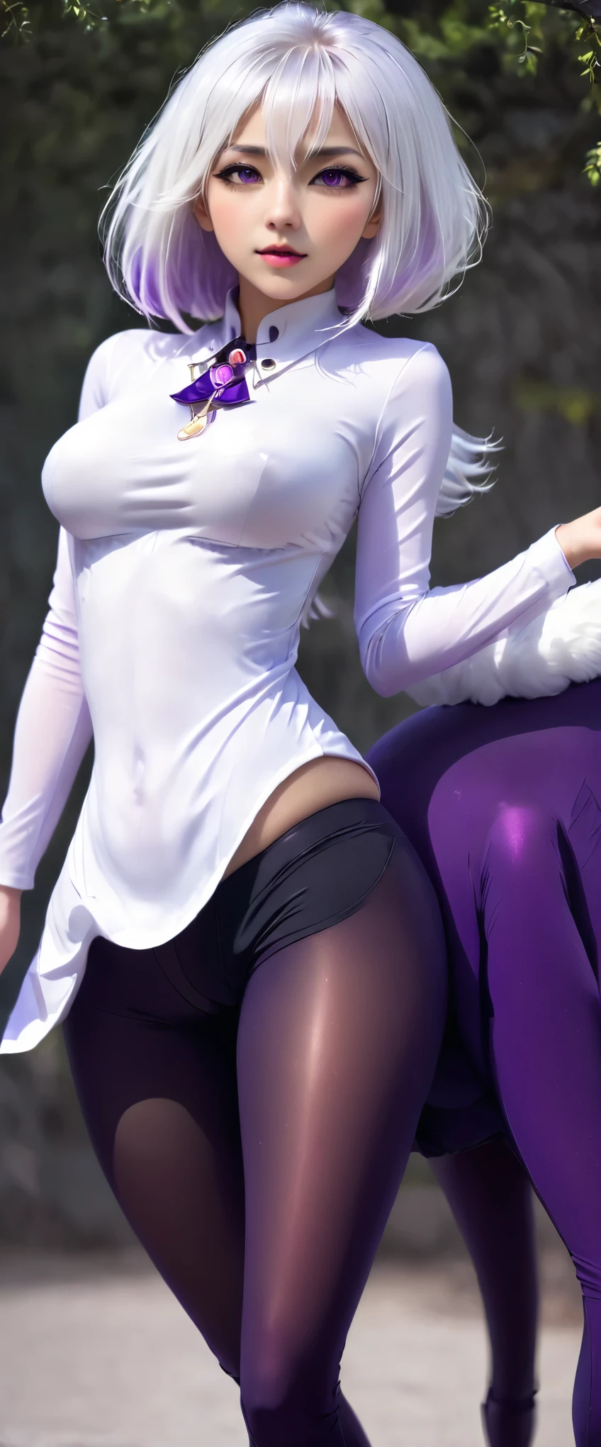 anime girl，meio humano e meio animal。White hair。Black pants，Purple tights