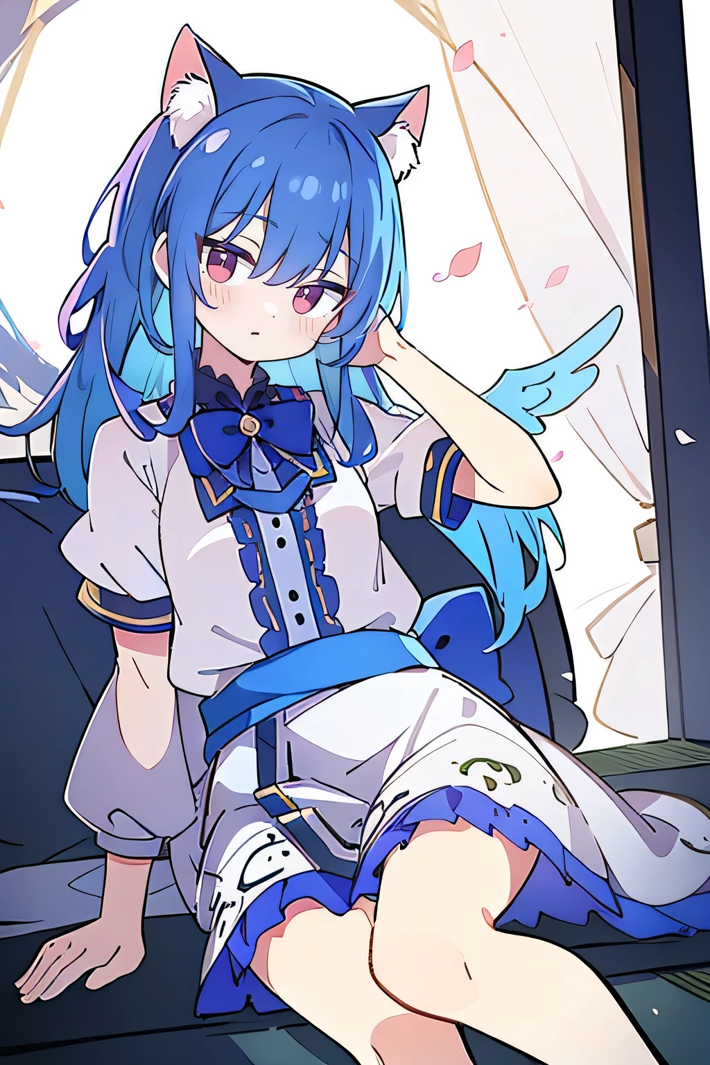(masterpiece:1.2),ultra-detailed,realistic,expressive eyes,fair-skinned,perfectly shaped face,1girl,
Japanese cartoons,Gorgeous blue hair, flowing blue hair,floating clothes,cat ears,petals falling,beautiful Lola,Hina Angel,
hands on waist,gracefully sitting on the ground,legs crossed,gentle and serene background,cool and comfortable pavilion,shy face ,night .