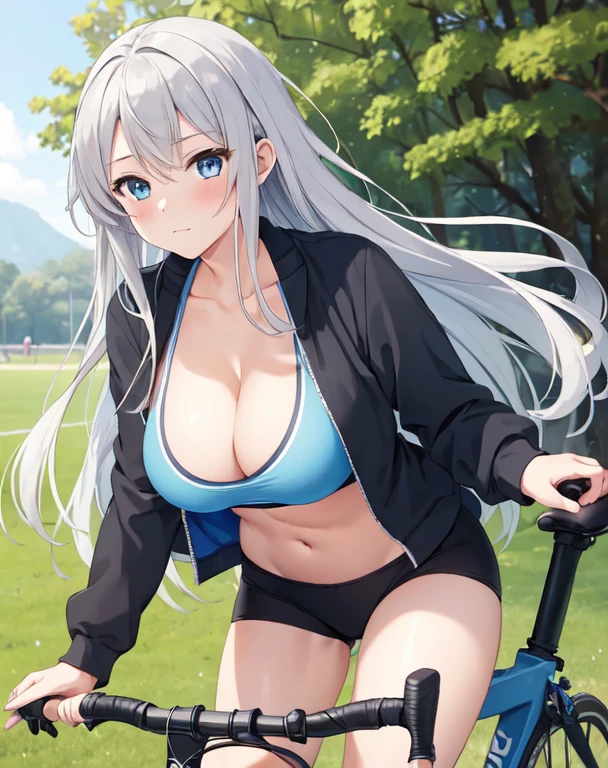 (((masterpiece))), ShizukaMikazuki, One Girl, alone, View your audience, Long Hair, Gray Hair, Long sleeve, Cleavage, Quite large breasts, Close your mouth, clavicle, Mature Body,Abdominal muscles,Blushing,Blouson, Open clothes, open Blouson, blue Blouson,Black sports bra,Black hot pants, Play sports often, Bicycle in the background,blue eyes,natural Park,Shooting from an angle