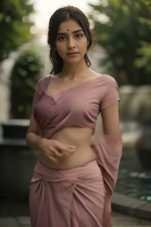 "Create a high-quality image featuring a realistic depiction of a girl wearing a pink saree draped in the Nivi style. Focus on intricate details, particularly the pleats tucked at the center of the waist, emphasizing the slimming effect. Pay special attention to crafting the girl's eyes and face, ensuring a lifelike appearance. Set the scene against a beautiful fountain background, adding a touch of elegance and serenity to the composition. Your goal is to capture the essence of the Nivi saree draping style, conveying a sense of grace and charm in this magical moment." 8k,realistic, Masterpiece, RAW photo, Best quality, Photorealistic, detailed body