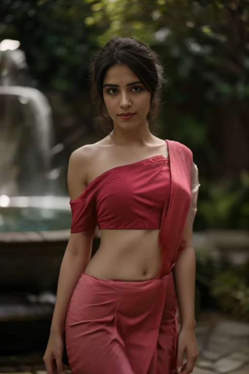 "Create a high-quality image featuring a realistic depiction of a girl wearing a pink saree draped in the Nivi style. Focus on intricate details, particularly the pleats tucked at the center of the waist, emphasizing the slimming effect. Pay special attention to crafting the girl's eyes and face, ensuring a lifelike appearance. Set the scene against a beautiful fountain background, adding a touch of elegance and serenity to the composition. Your goal is to capture the essence of the Nivi saree draping style, conveying a sense of grace and charm in this magical moment." 8k,realistic, Masterpiece, RAW photo, Best quality, Photorealistic, detailed body