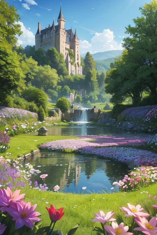 a castle, below the castle is a stream of water and flowers in the field