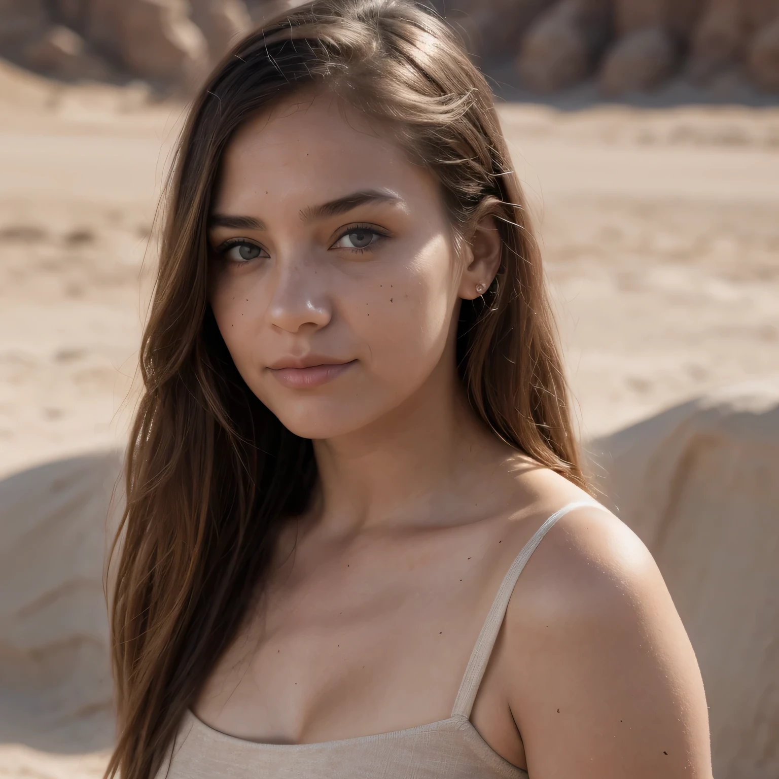 photo of a college student, in Desert Color Coarse Linen Pink,Desert Color Coarse Linen, (freckles:0.8) cute face, sci-fi, dystopian, detailed eyes, Heterochromia eyes（（Side view））（Lunar soil）