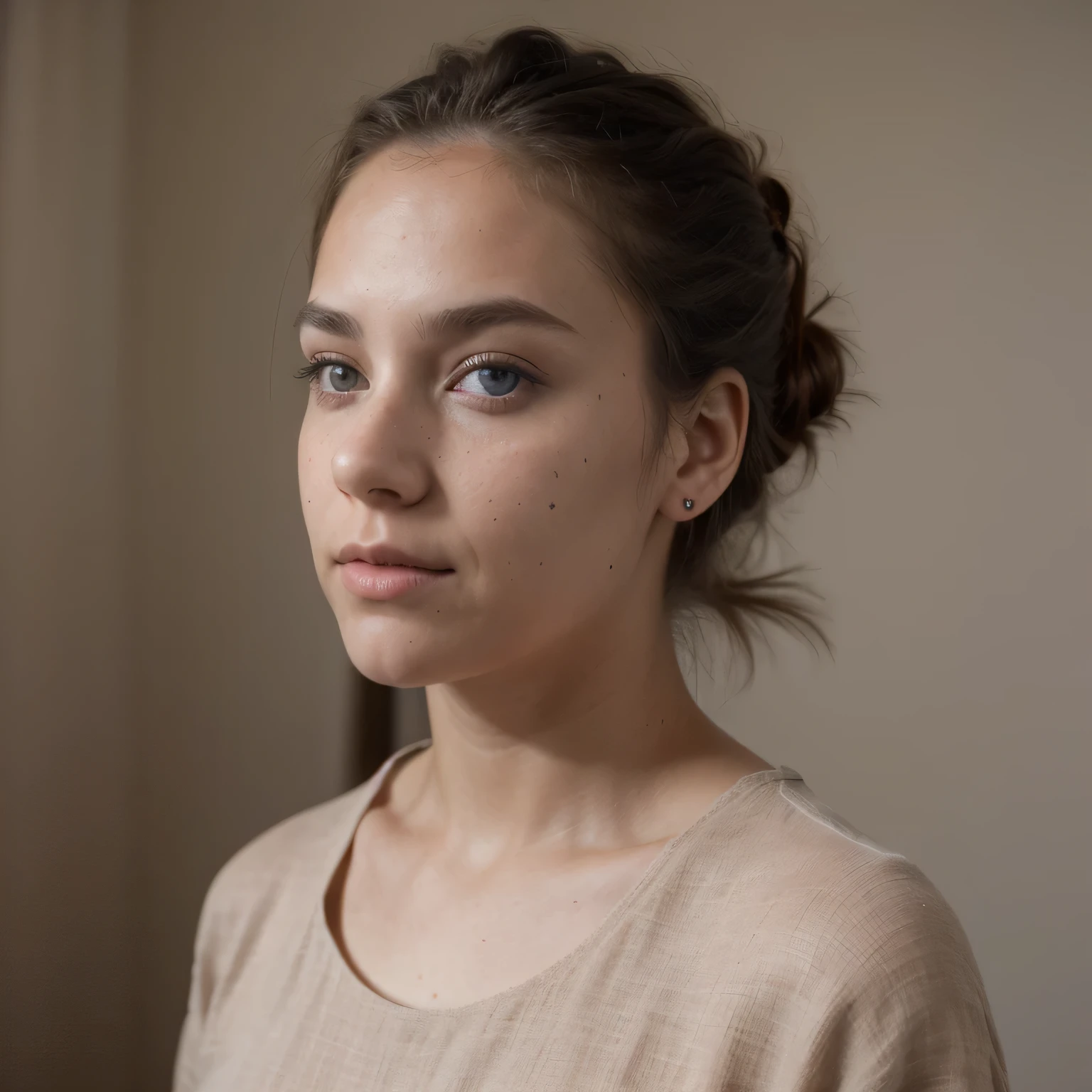 photo of a college student, in Desert Color Coarse Linen Pink,Desert Color Coarse Linen, (freckles:0.8) cute face, sci-fi, dystopian, detailed eyes, Heterochromia eyes（（Side view））（Lunar soil）